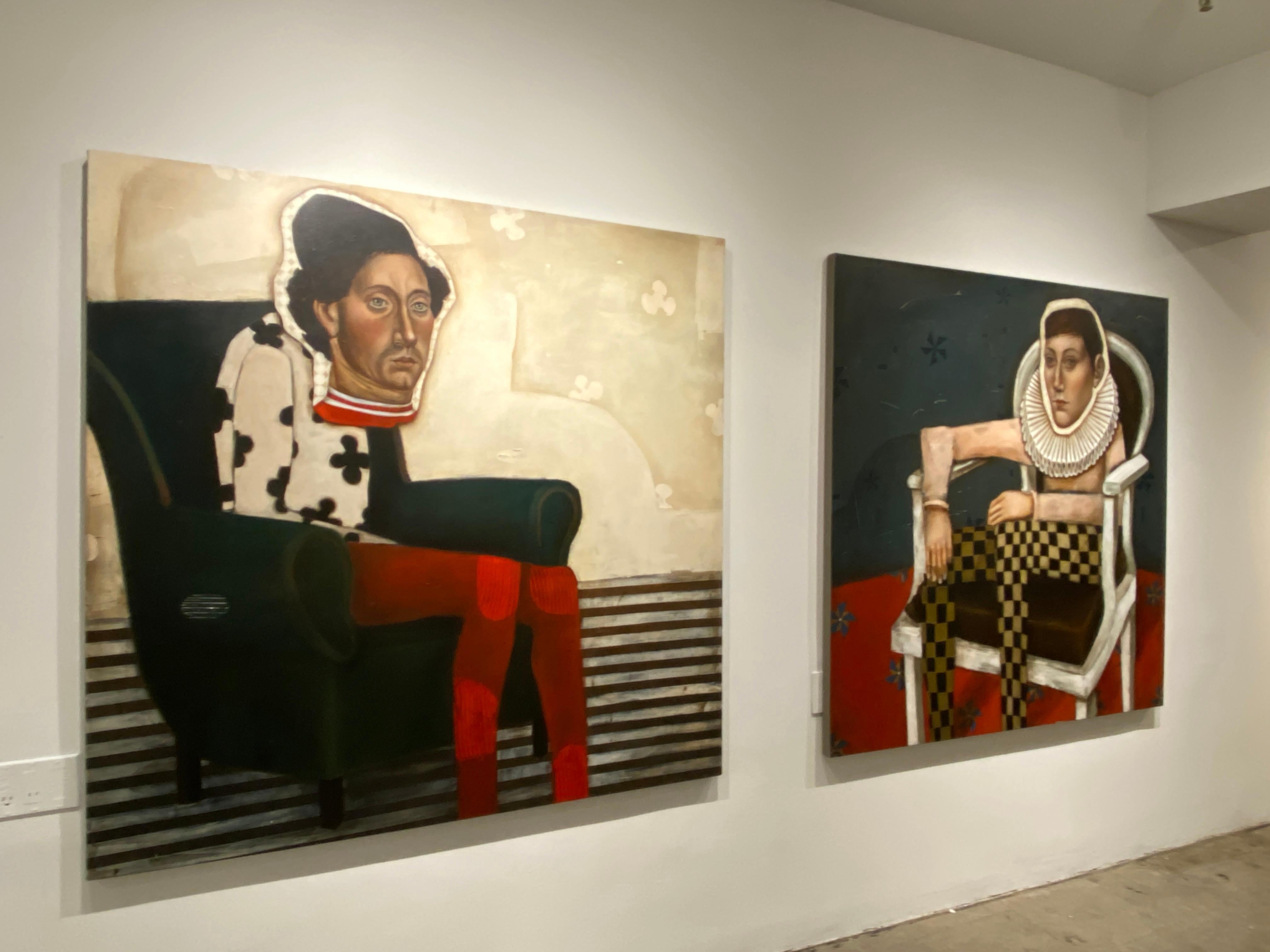 The Cat - Oil on canvas, Abstract surreal royal figure of beautiful man For Sale 3