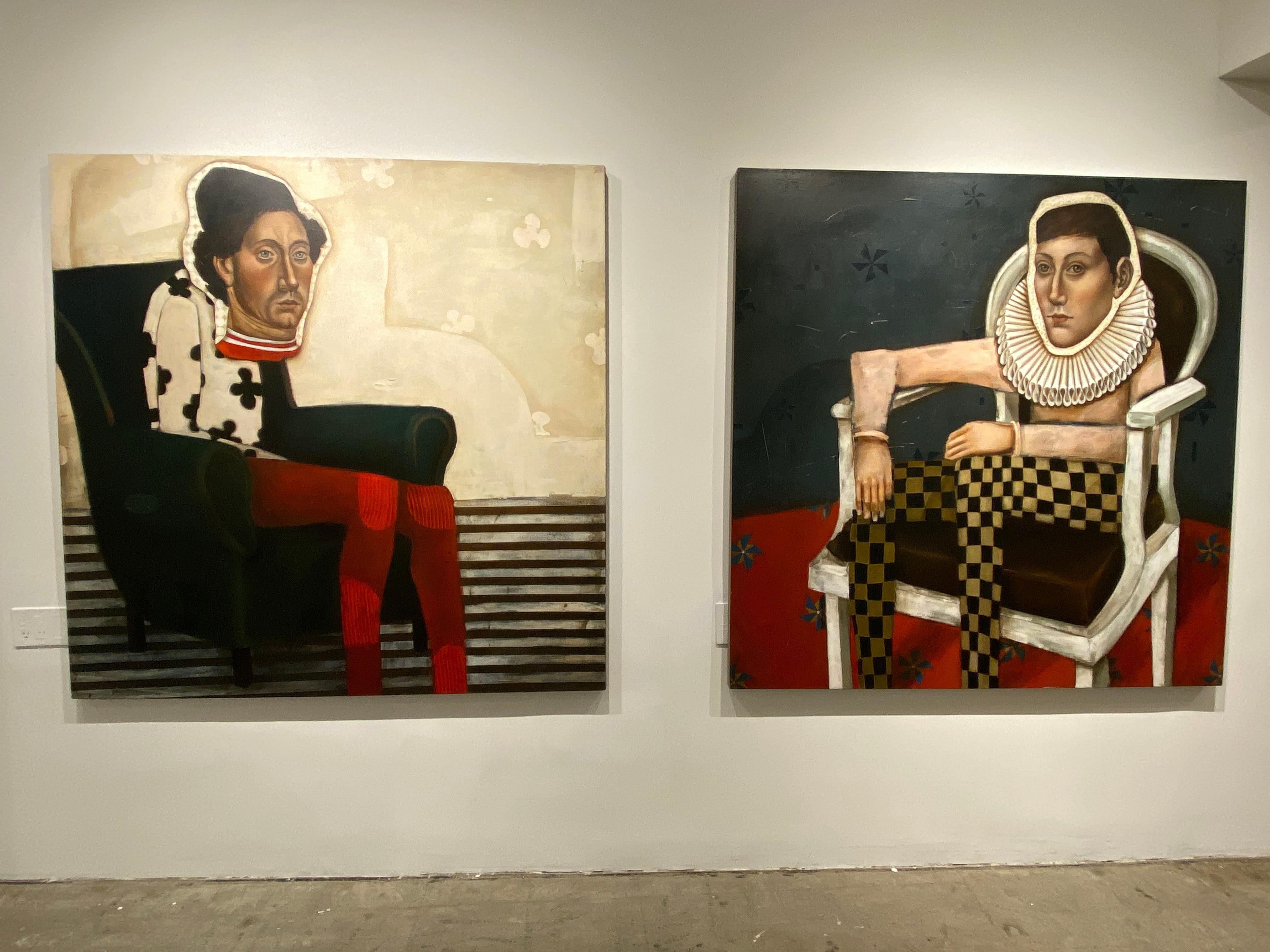 The Cat - Oil on canvas, Abstract surreal royal figure of beautiful man For Sale 4