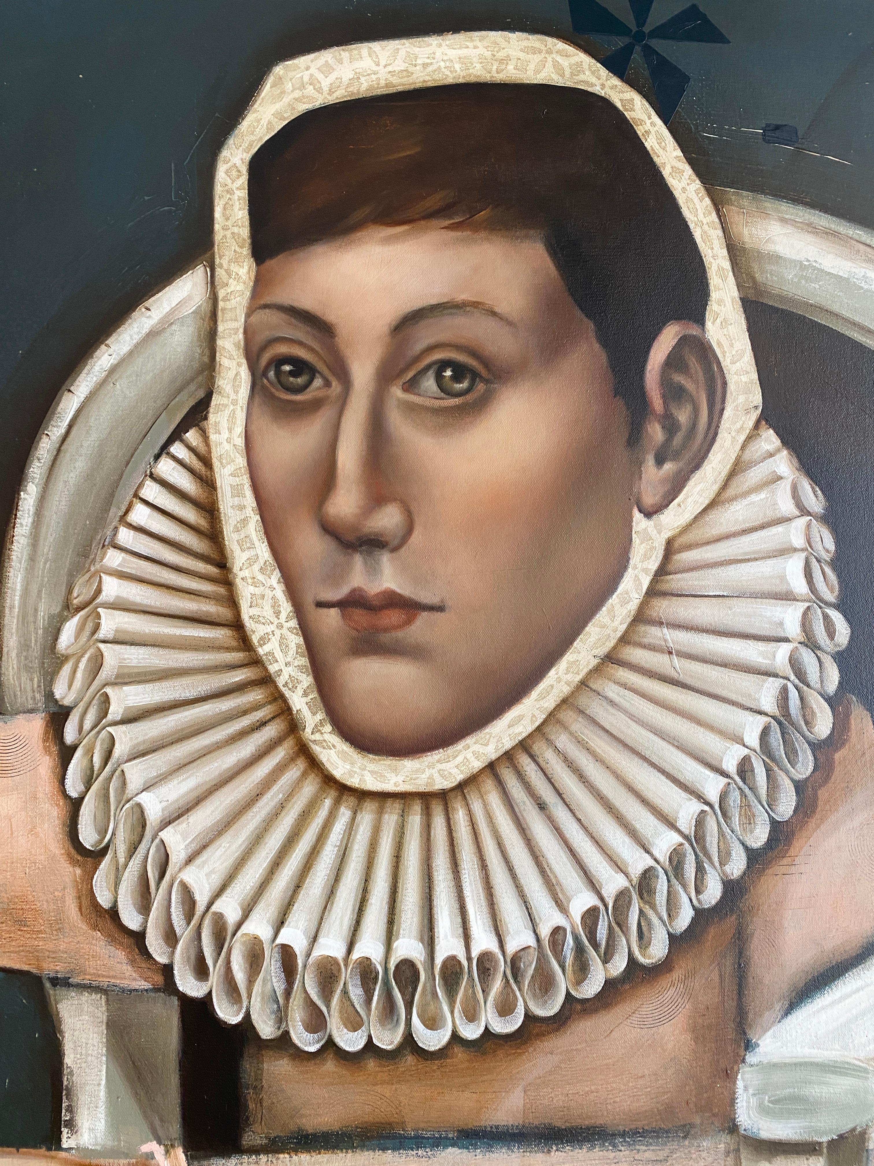 The Cat - Oil on canvas, Abstract surreal royal figure of beautiful man - Contemporary Painting by Michele Mikesell