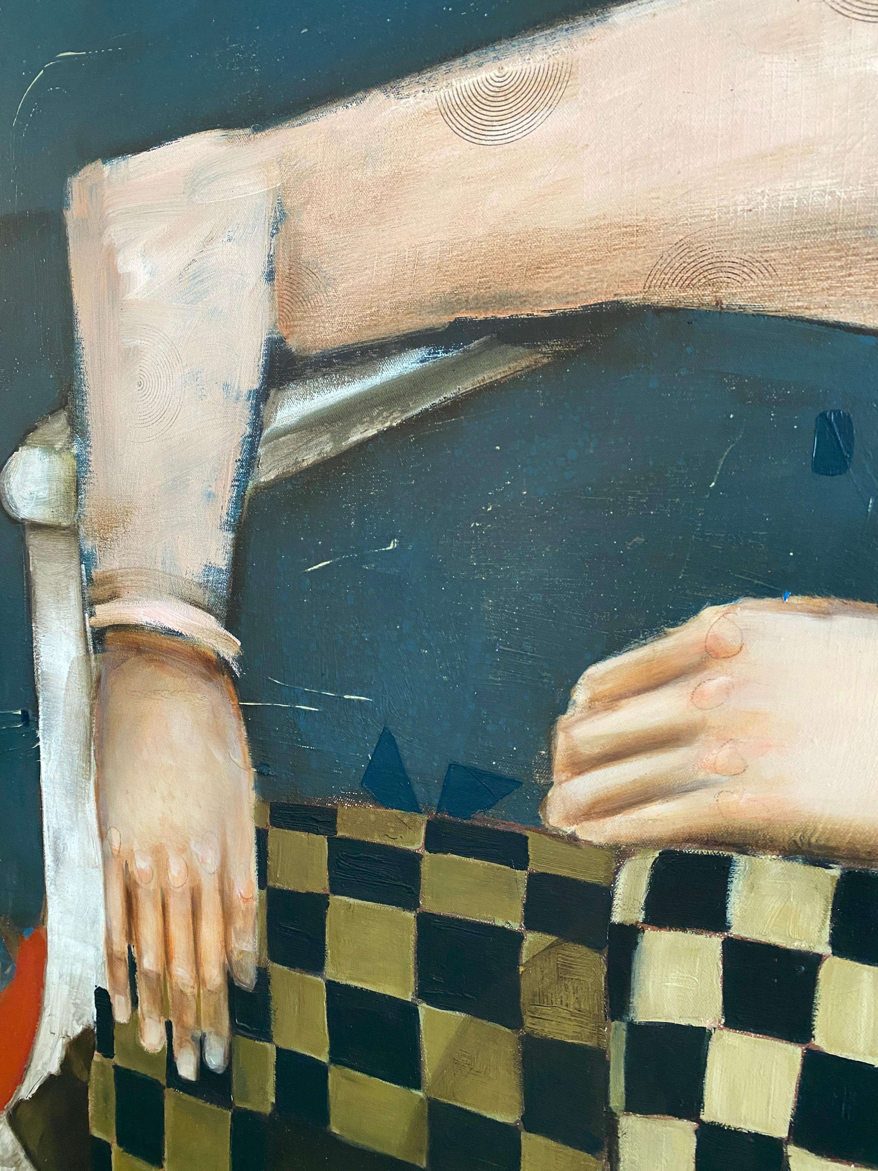 The Cat - Oil on canvas, Abstract surreal royal figure of beautiful man - Black Abstract Painting by Michele Mikesell