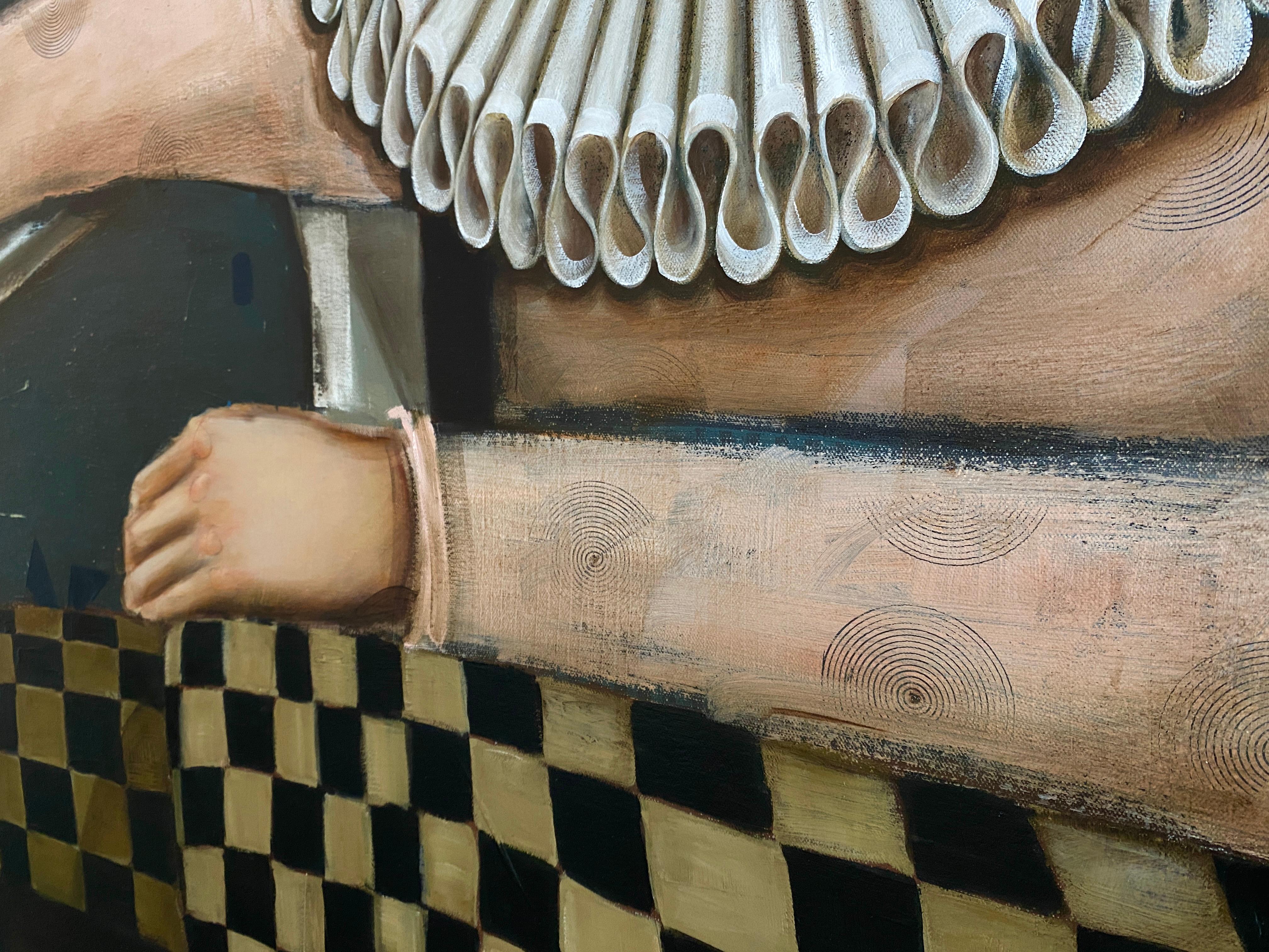 The Cat - Oil on canvas, Abstract surreal royal figure of beautiful man For Sale 1