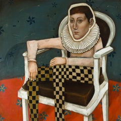 Die Katze - Öl auf Leinwand, surreale figurative abstrakte Malerei, helle Farbpalette