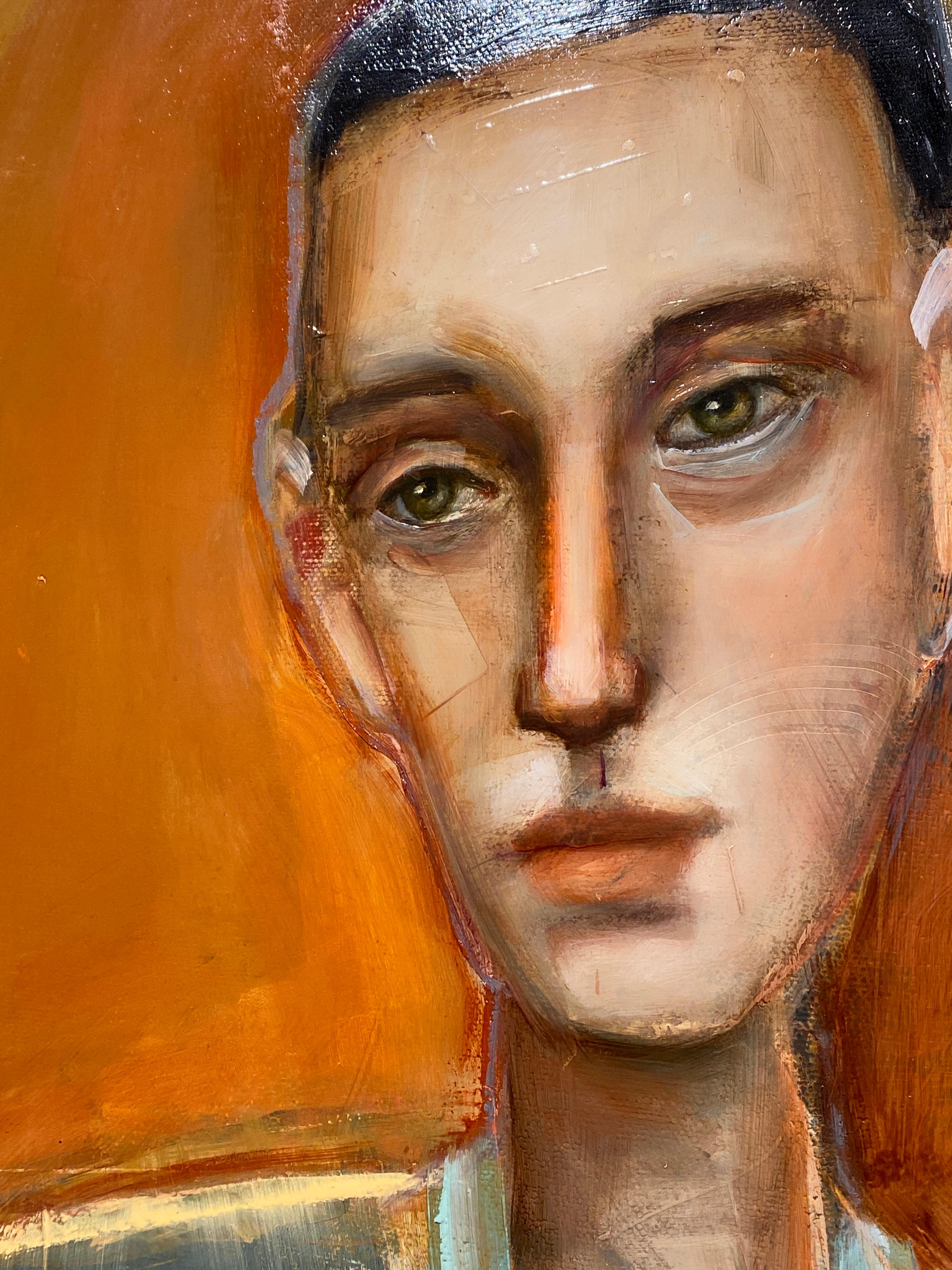 The Griffin - Long abstract figure of man in grey, orange background & patterns im Angebot 5