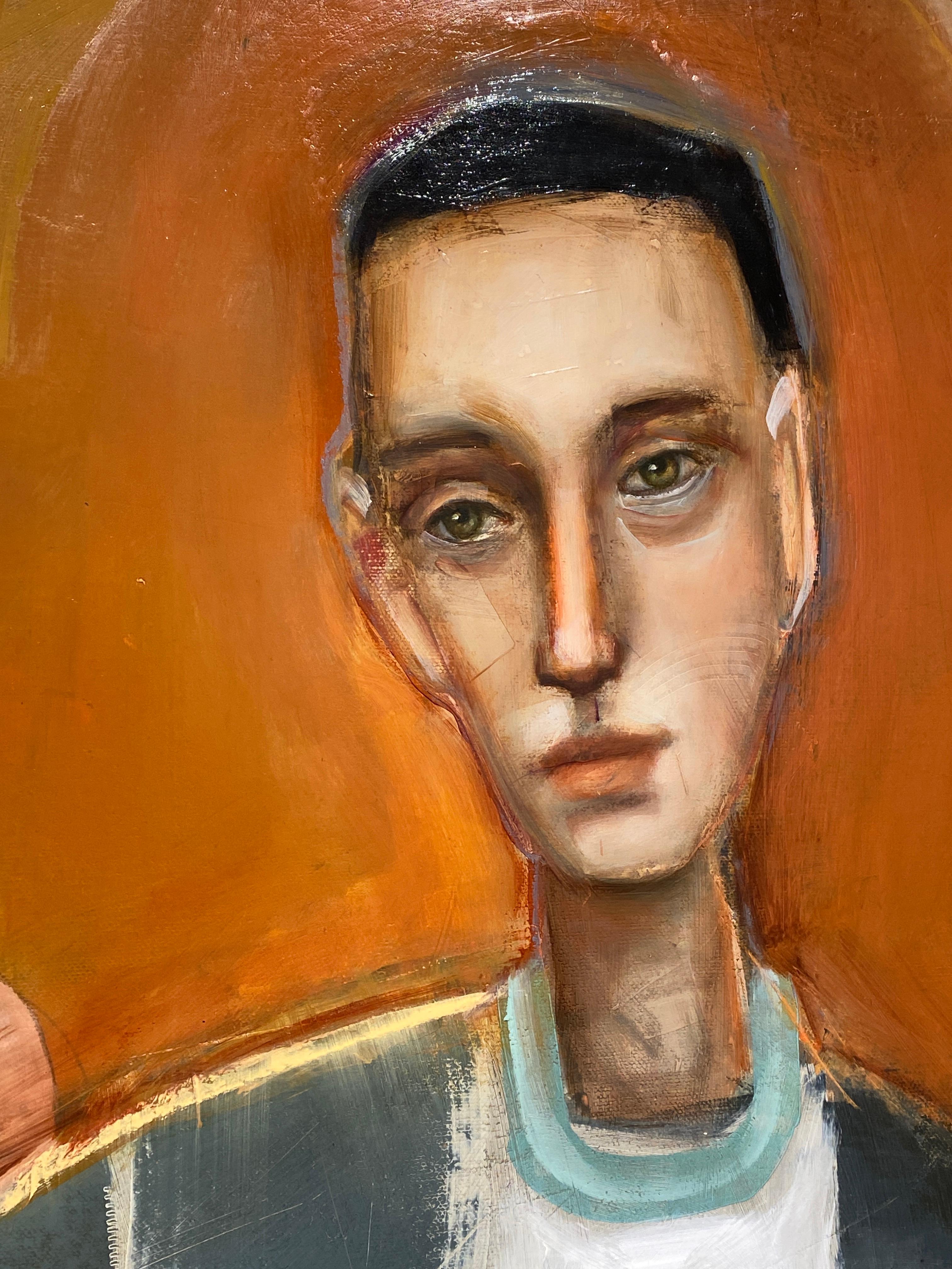 The Griffin - Long abstract figure of man in grey, orange background & patterns im Angebot 6