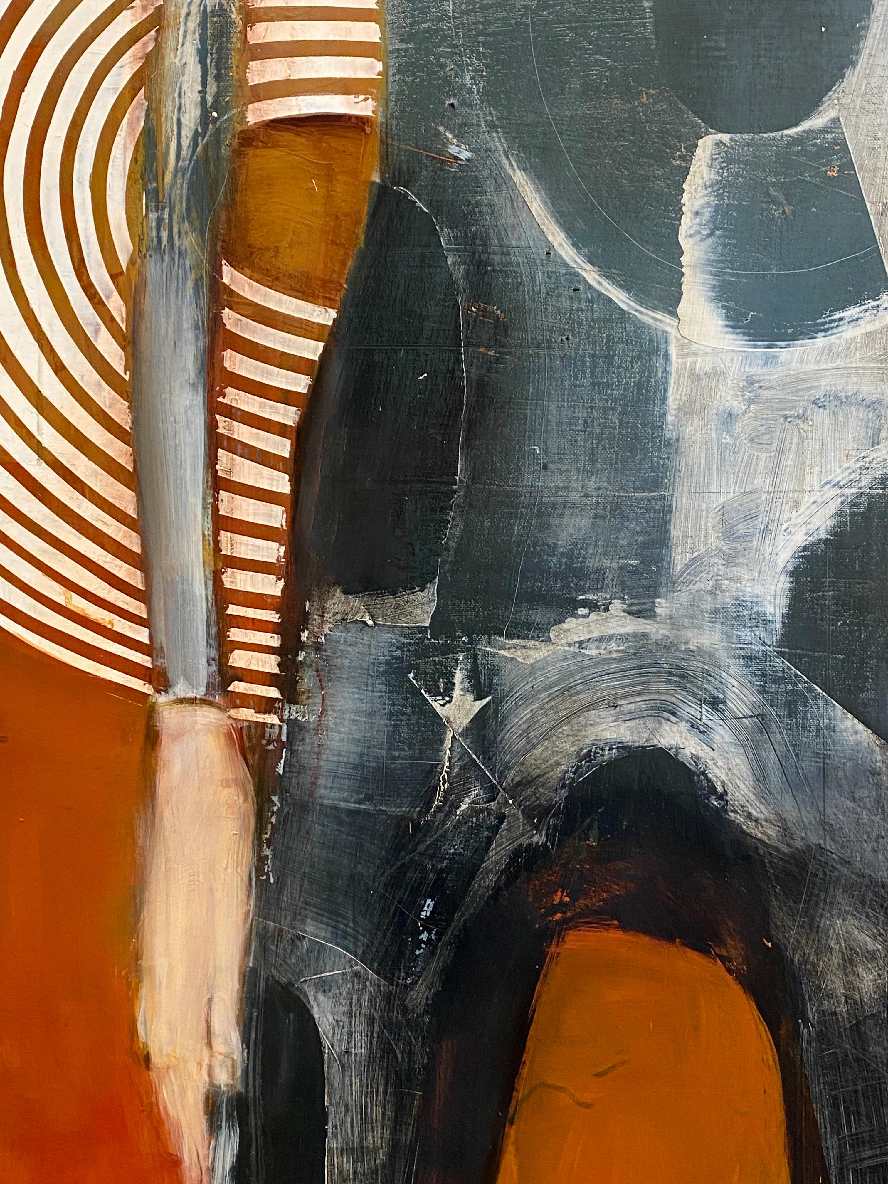 The Griffin - Long abstract figure of man in grey, orange background & patterns im Angebot 8