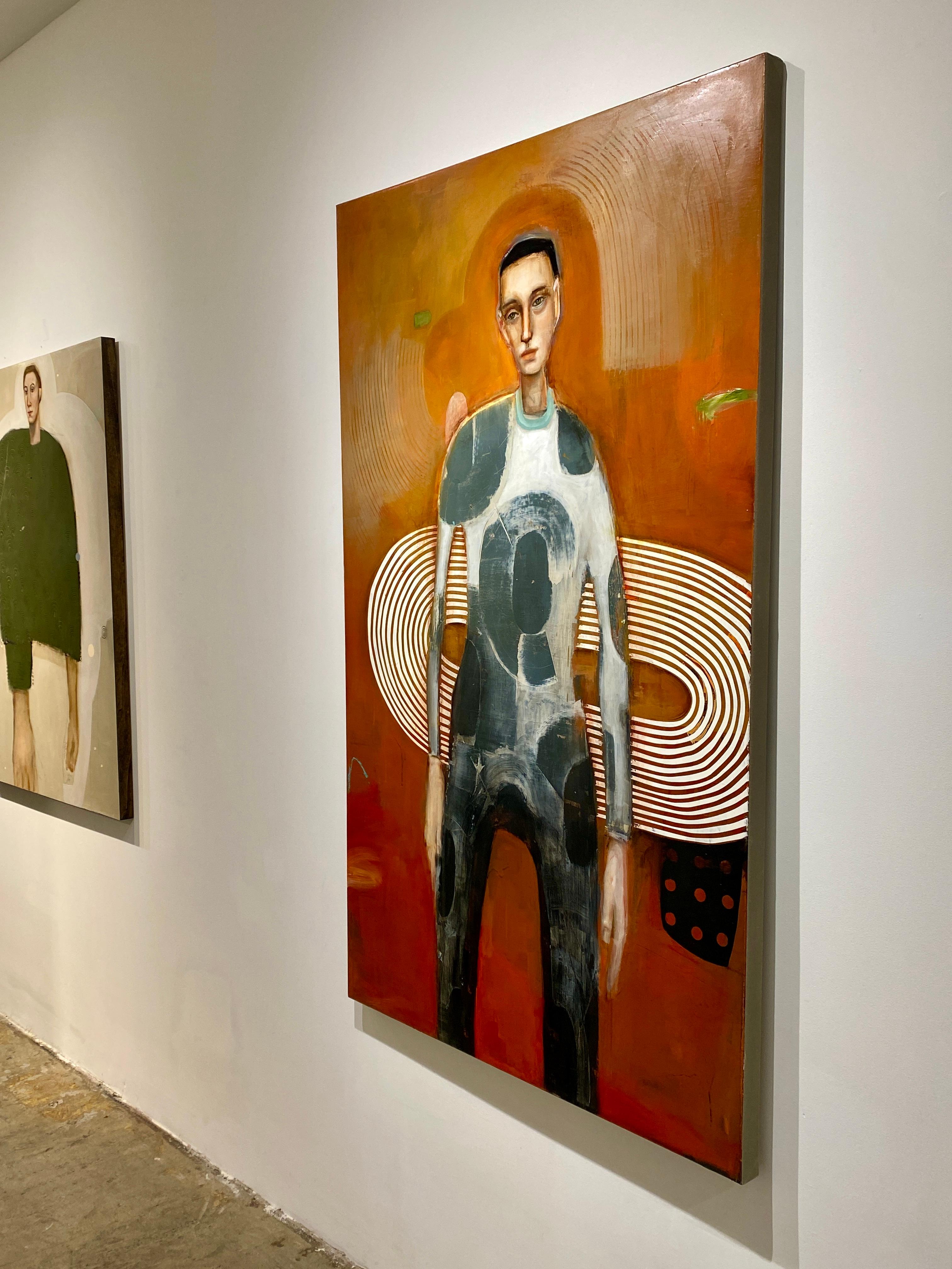 The Griffin - Long abstract figure of man in grey, orange background & patterns im Angebot 9