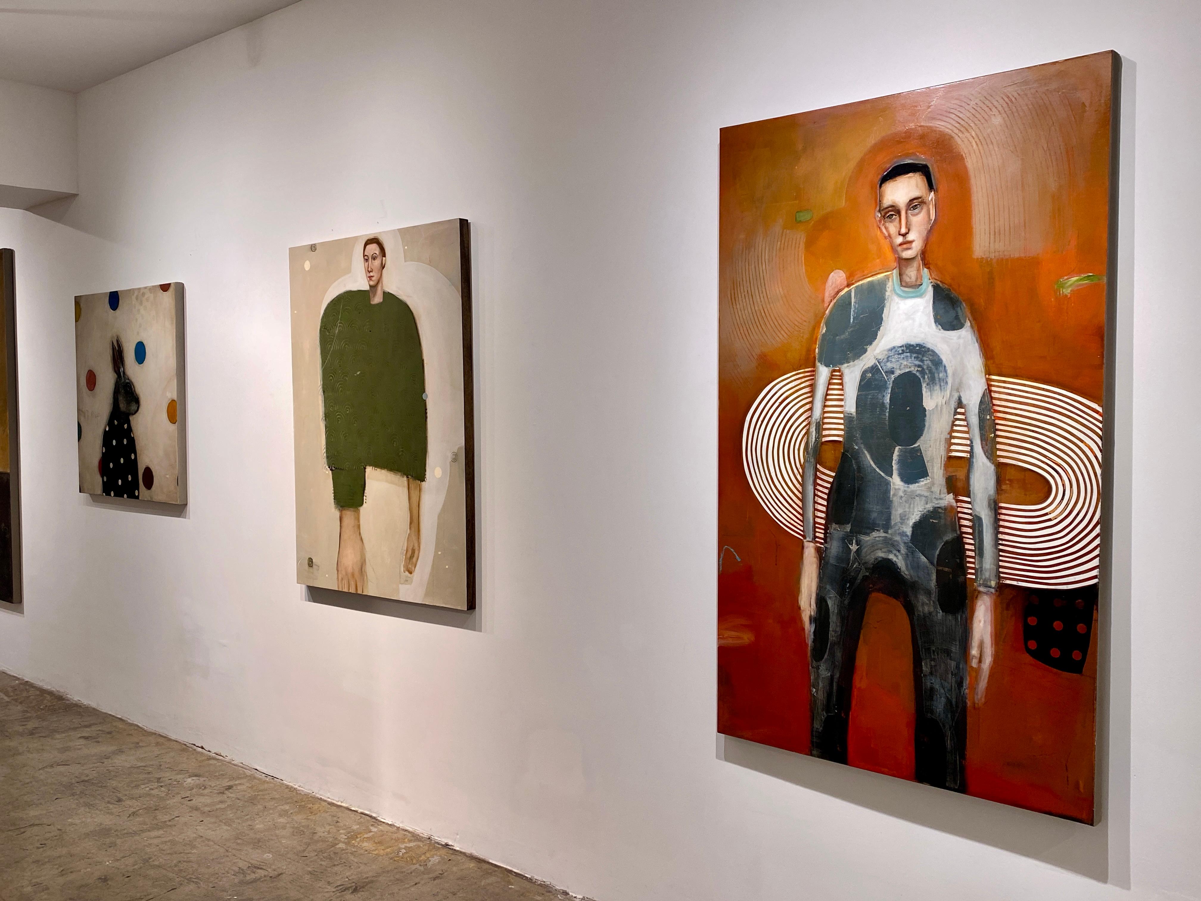 The Griffin - Long abstract figure of man in grey, orange background & patterns im Angebot 11