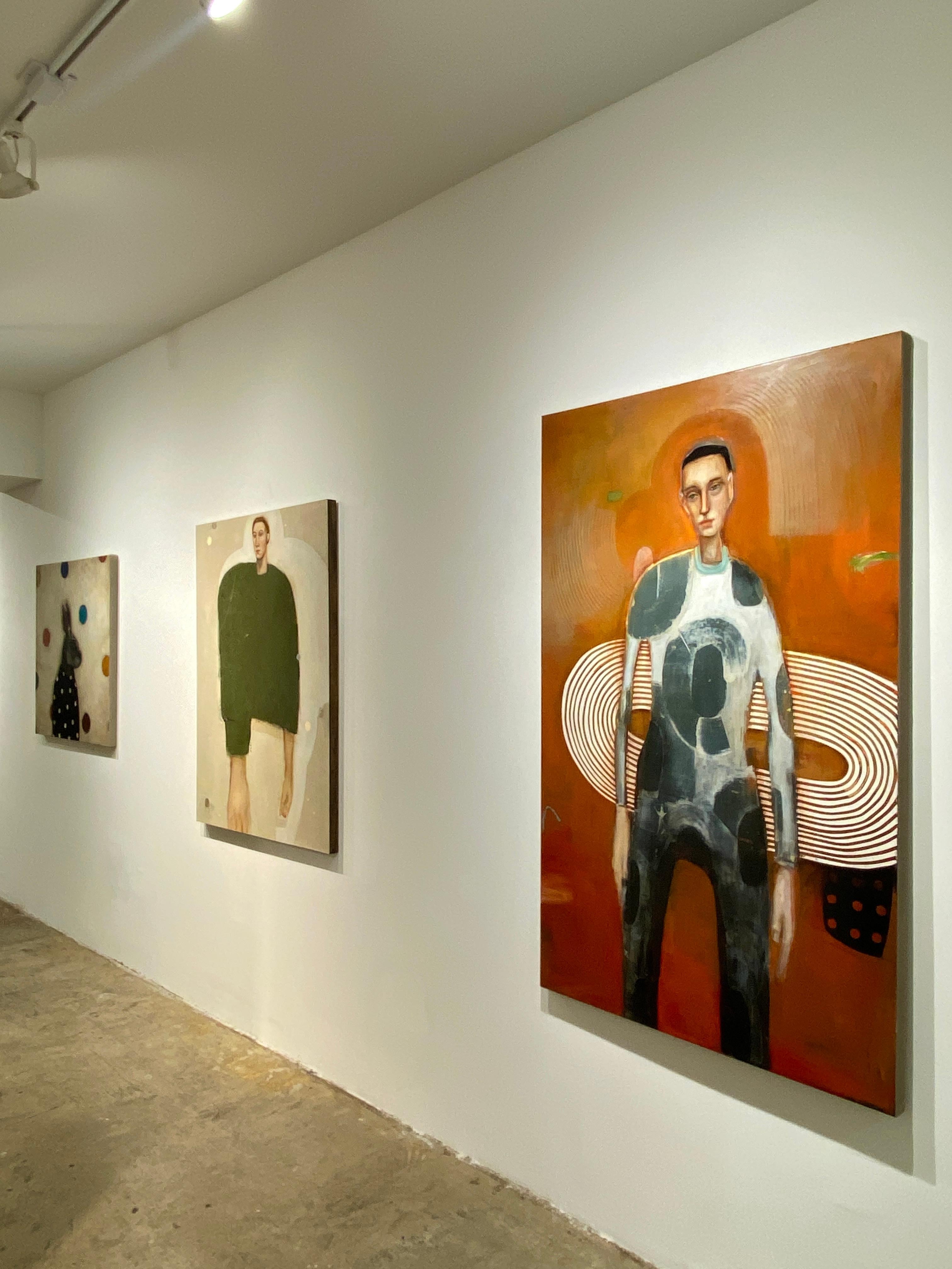 The Griffin - Long abstract figure of man in grey, orange background & patterns – Painting von Michele Mikesell