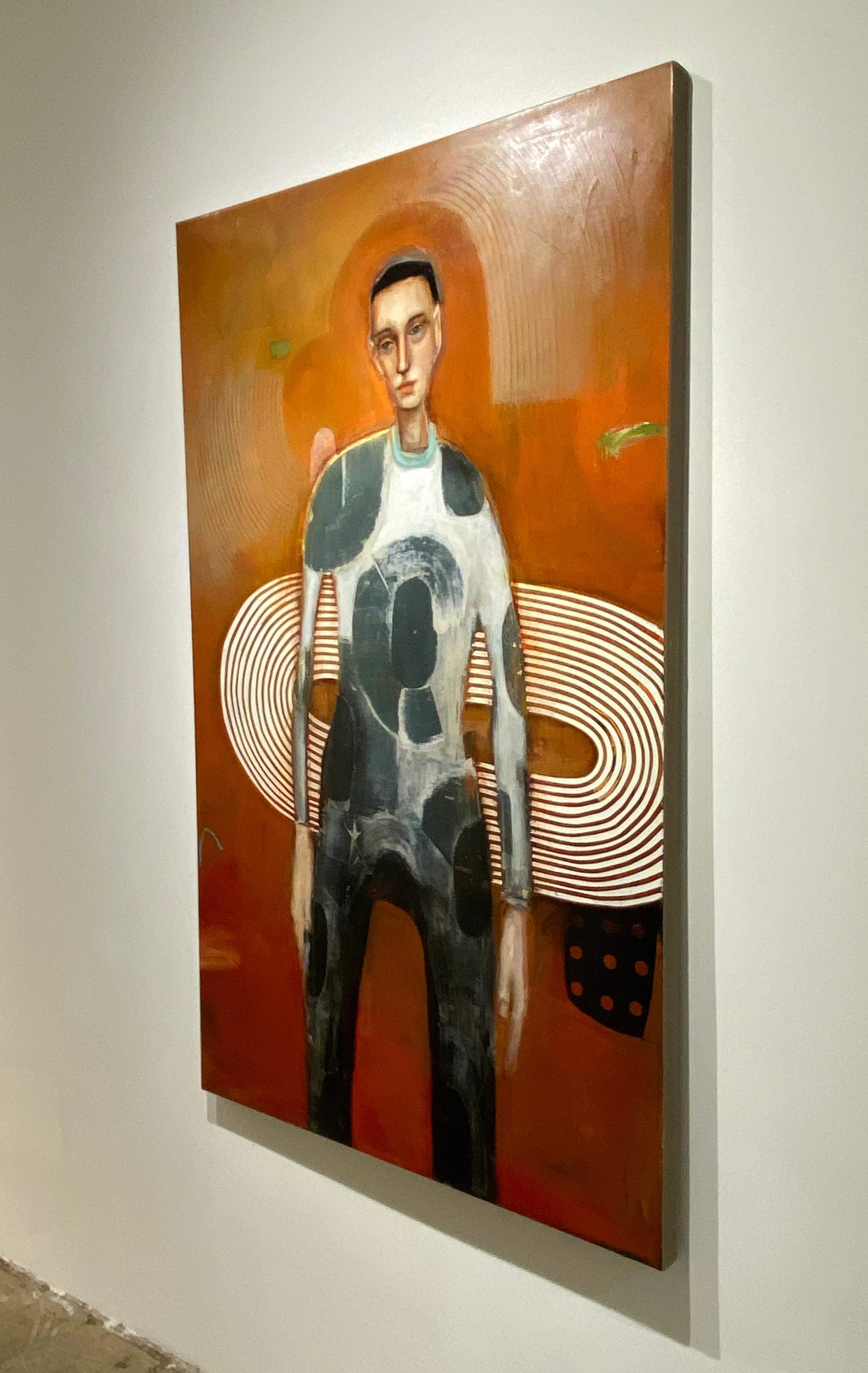 The Griffin - Long abstract figure of man in grey, orange background & patterns (Zeitgenössisch), Painting, von Michele Mikesell