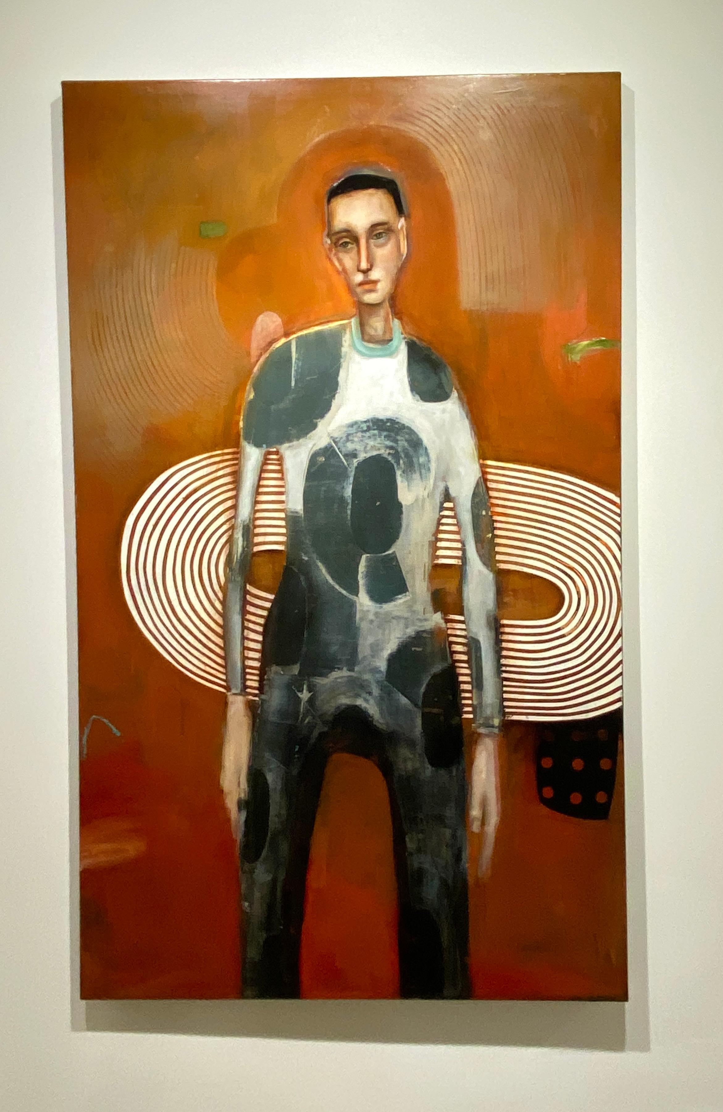 The Griffin - Long abstract figure of man in grey, orange background & patterns (Orange), Abstract Painting, von Michele Mikesell