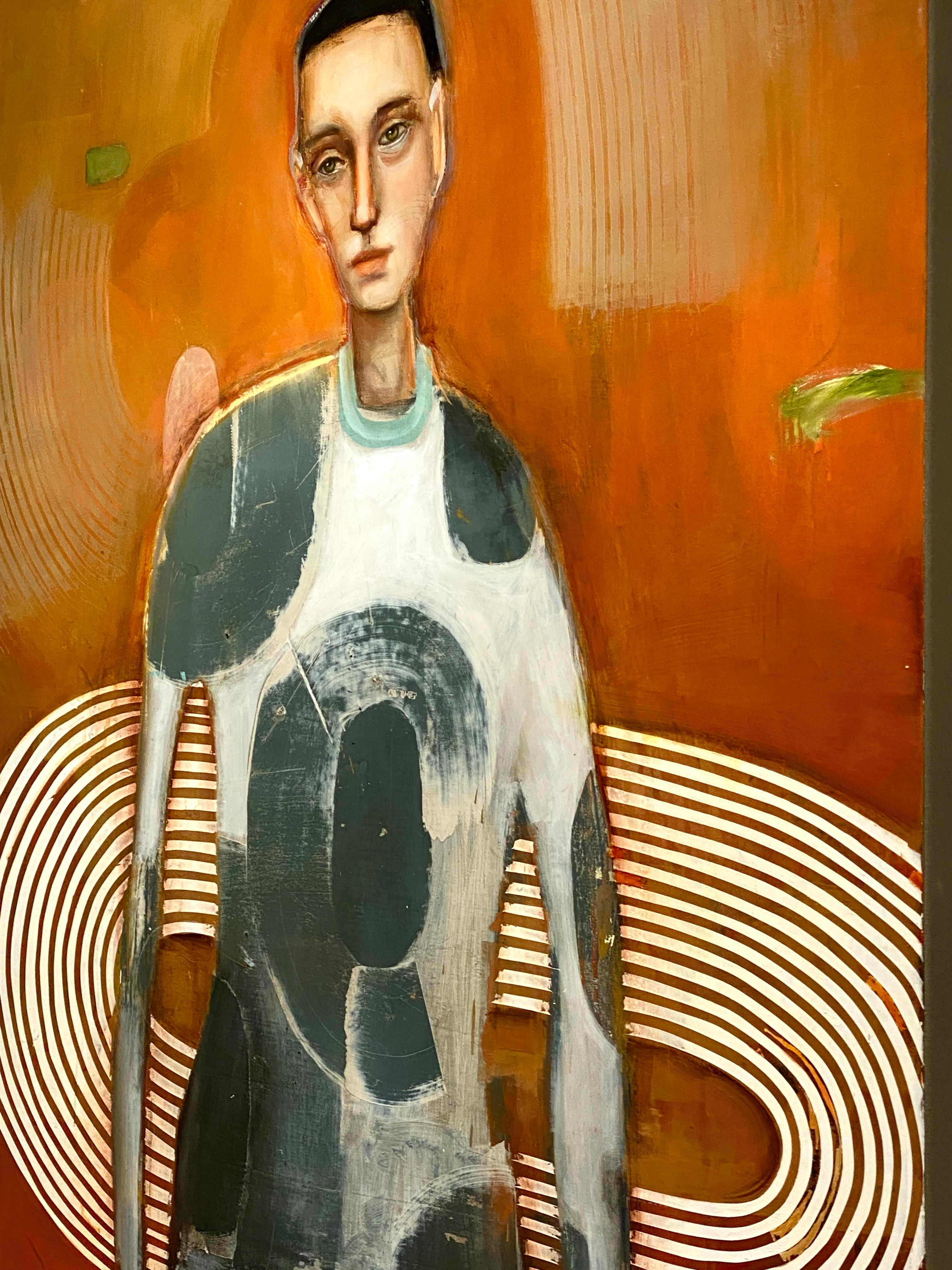 The Griffin
Oil on canvas
60 × 36 × 1.75 in  152 × 91 × 4 cm

In The Griffin, Michele Mikesell creates a commanding, human-scaled portrait that fuses mythic symbolism with contemporary psychology. The central figure stands tall against a glowing