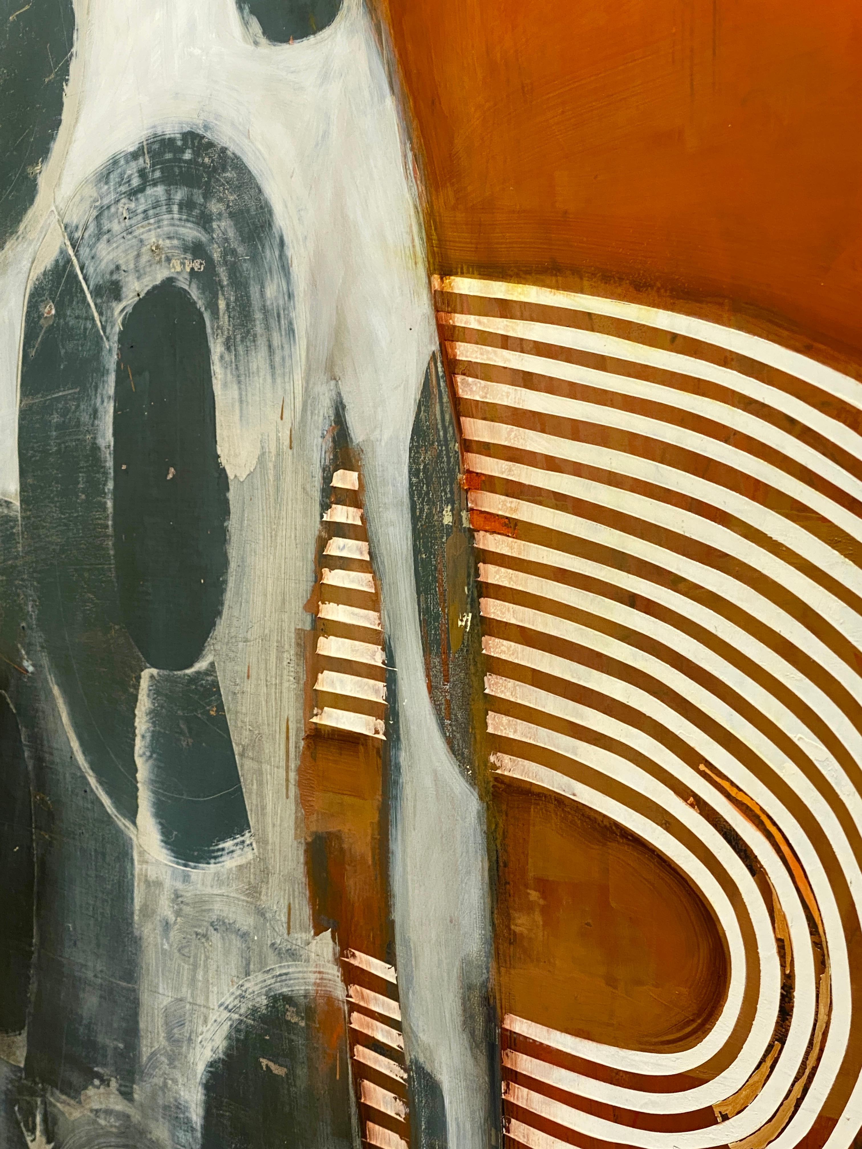 The Griffin - Long abstract figure of man in grey, orange background & patterns im Angebot 1