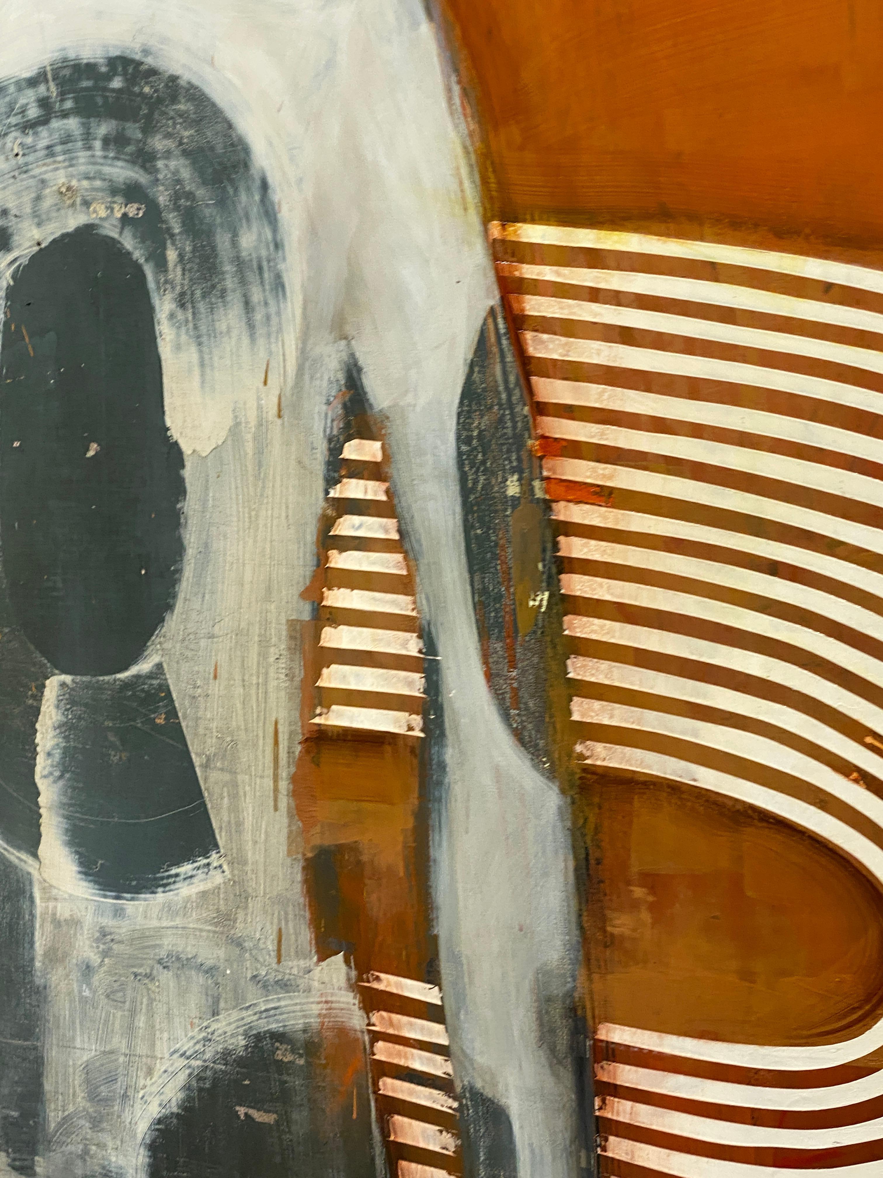 The Griffin - Long abstract figure of man in grey, orange background & patterns im Angebot 2