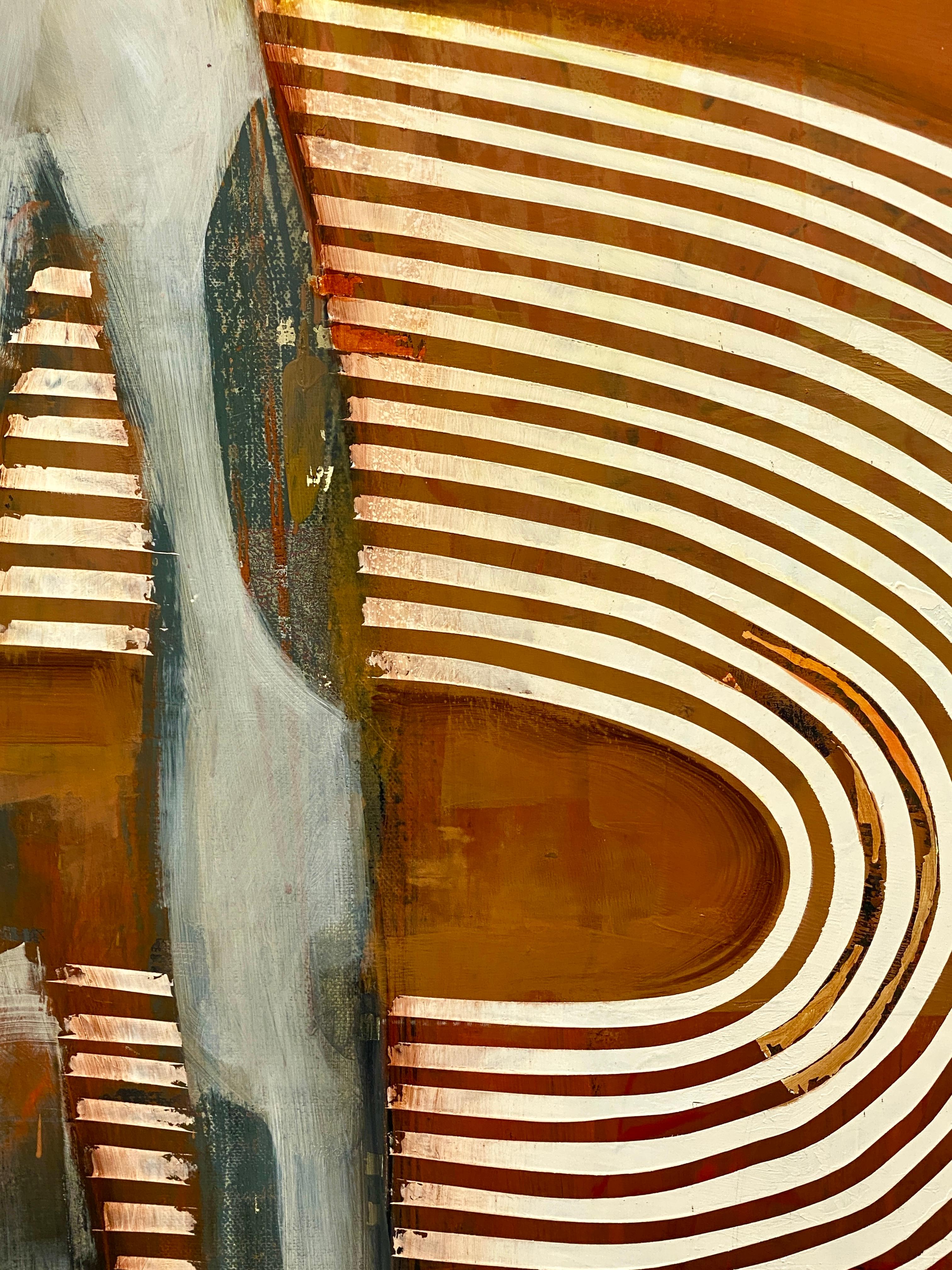 The Griffin - Long abstract figure of man in grey, orange background & patterns im Angebot 3