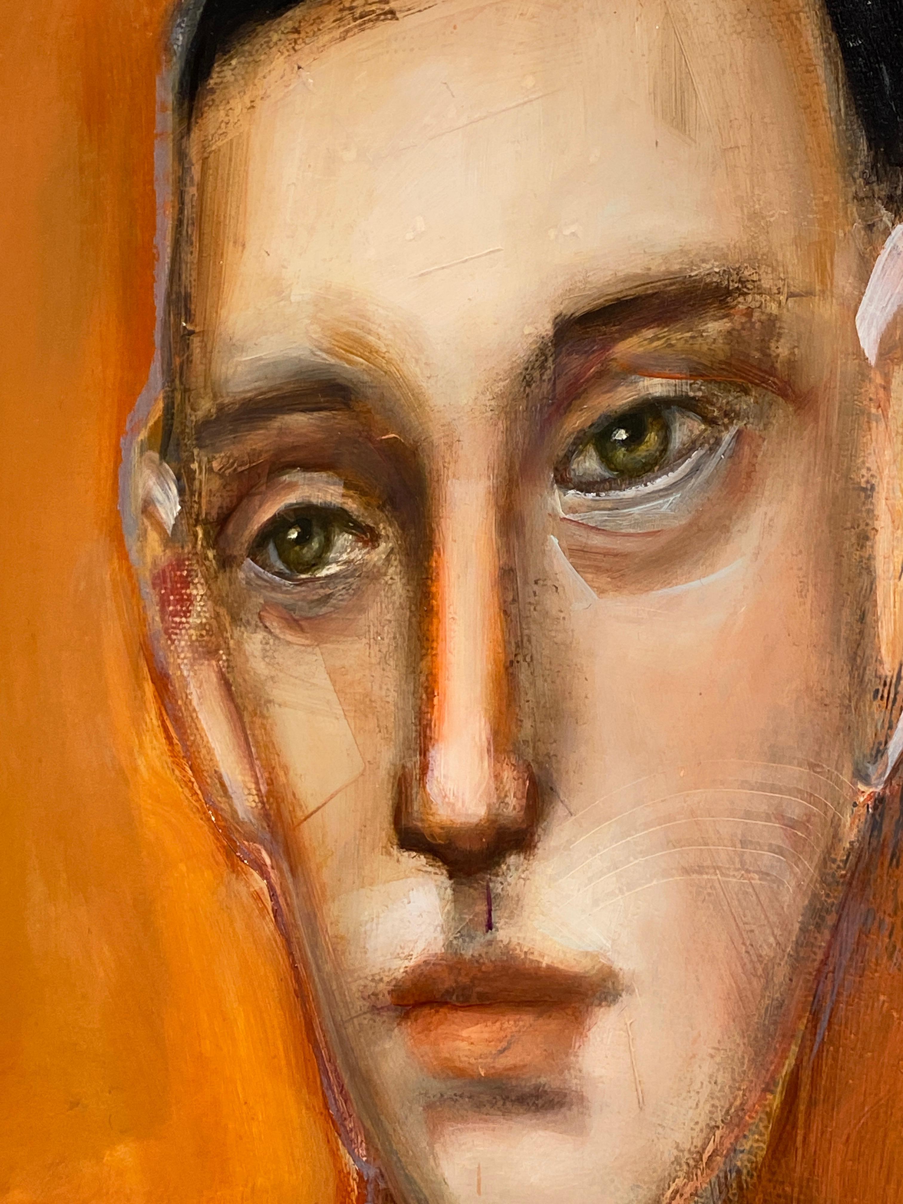 The Griffin - Long abstract figure of man in grey, orange background & patterns im Angebot 4