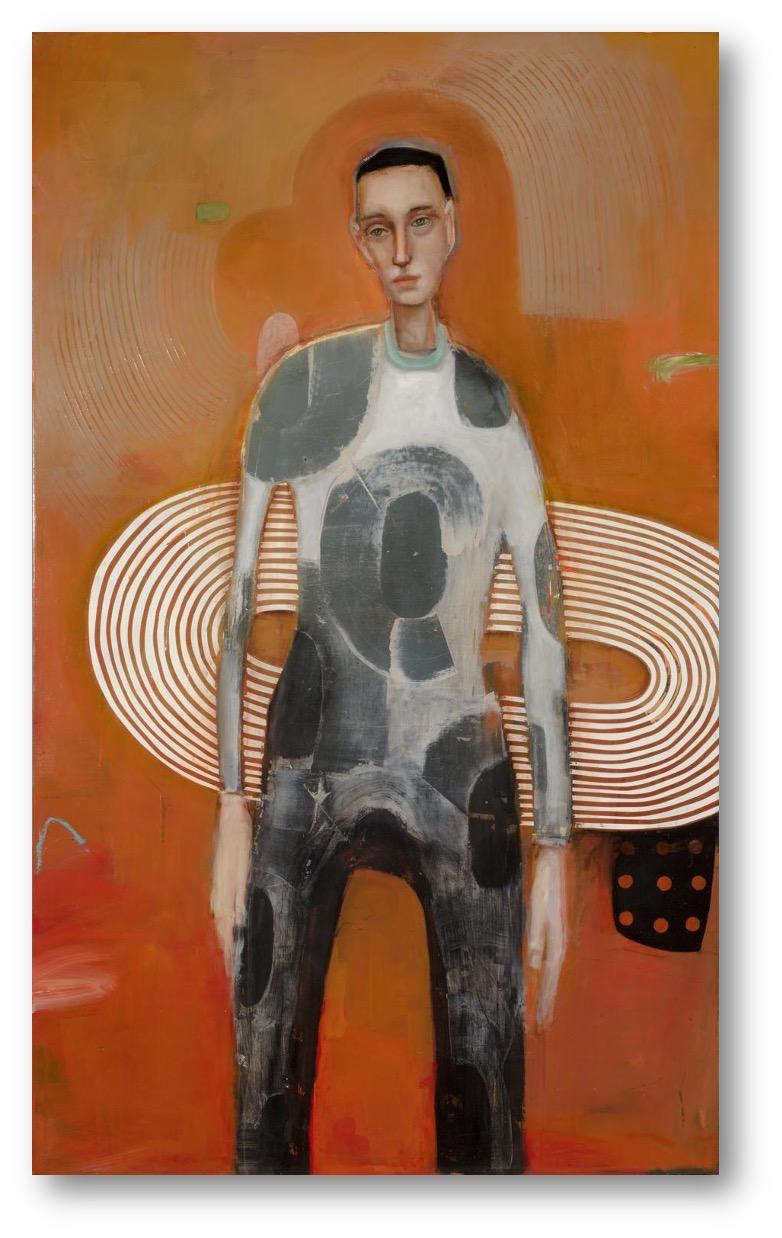 Michele Mikesell Abstract Painting – The Griffin - Long abstract figure of man in grey, orange background & patterns