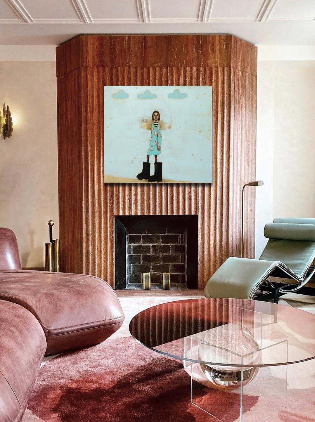 The Leanan Sidhe (LAN-an she) - Abstraktes surreales Mädchen mit blauem Himmel und Wolken – Painting von Michele Mikesell