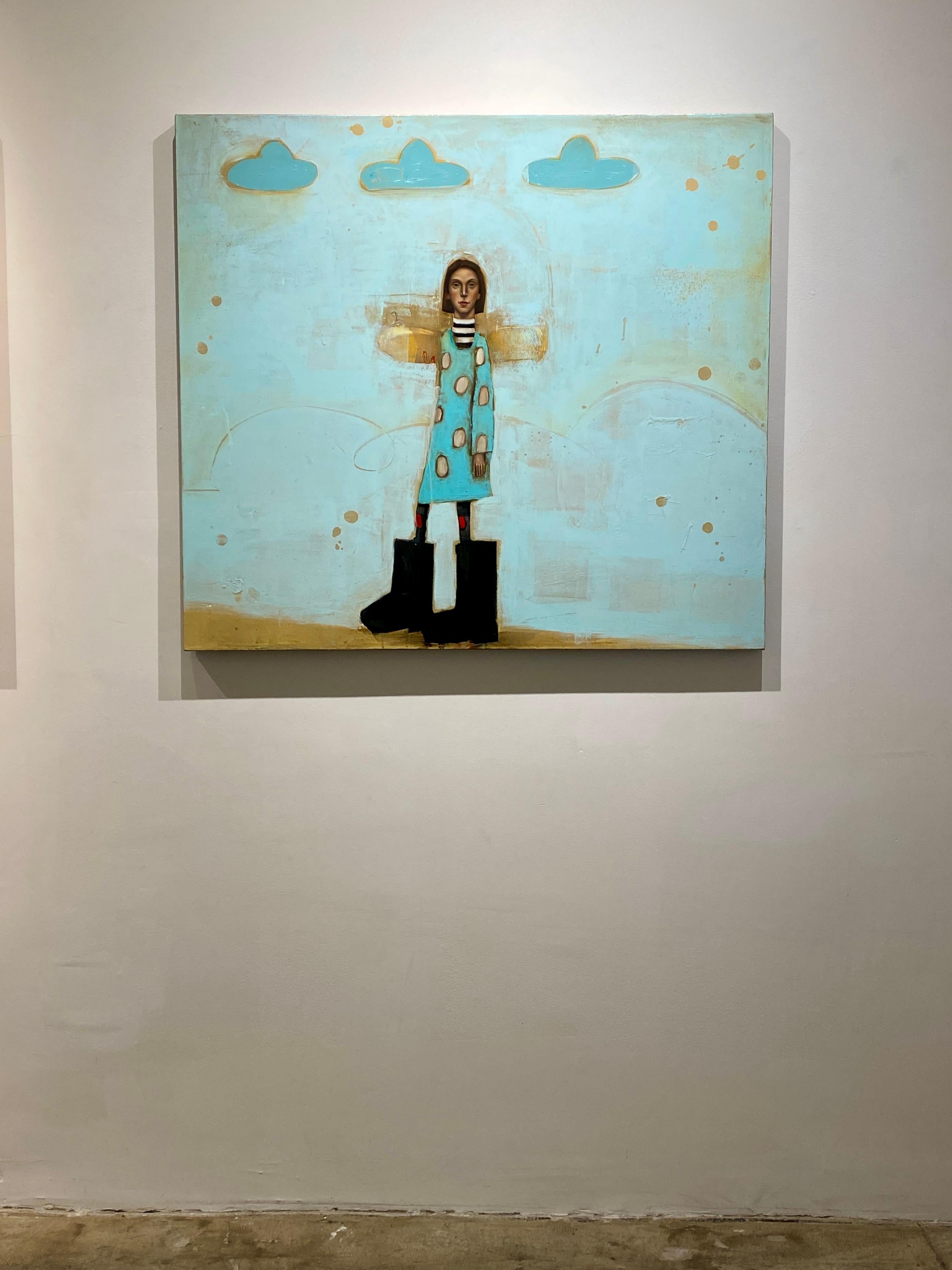 The Leanan Sidhe (LAN-an she) - Abstraktes surreales Mädchen mit blauem Himmel und Wolken (Zeitgenössisch), Painting, von Michele Mikesell