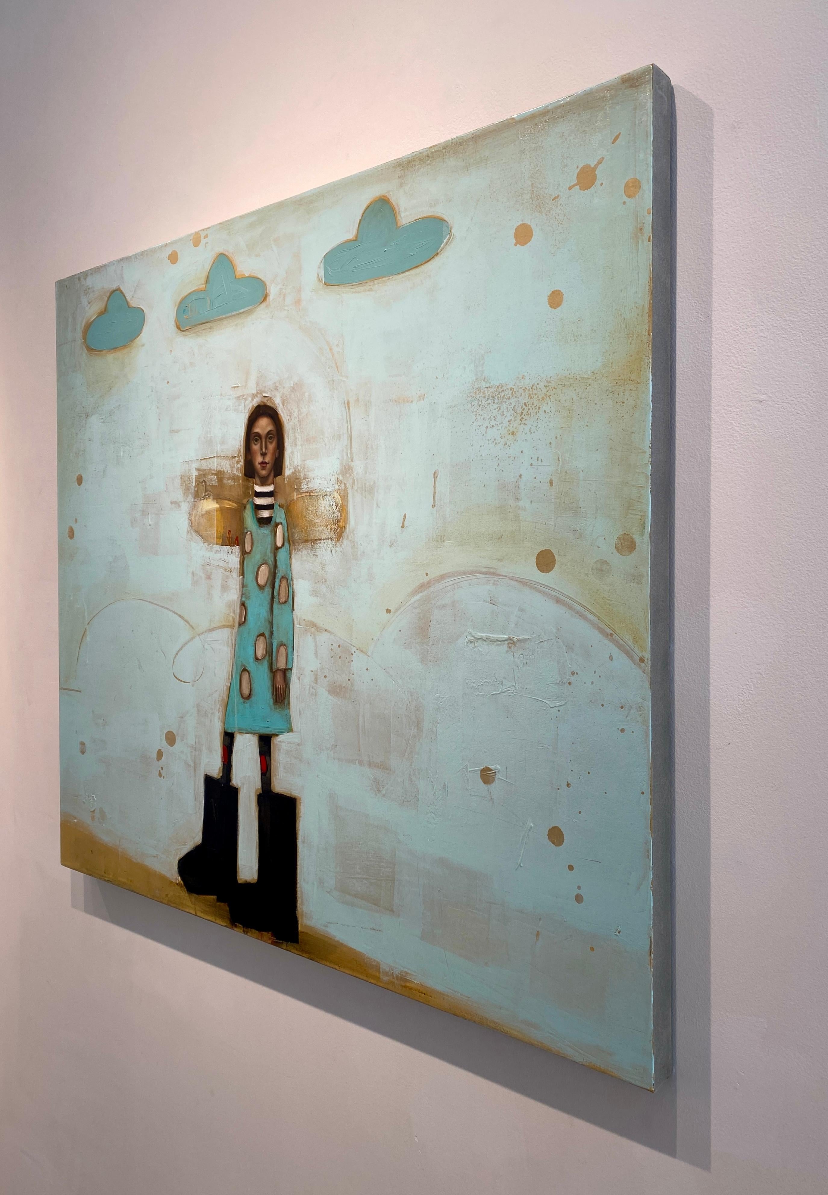 The Leanan Sidhe (LAN-an she) - Abstraktes surreales Mädchen mit blauem Himmel und Wolken (Blau), Figurative Painting, von Michele Mikesell