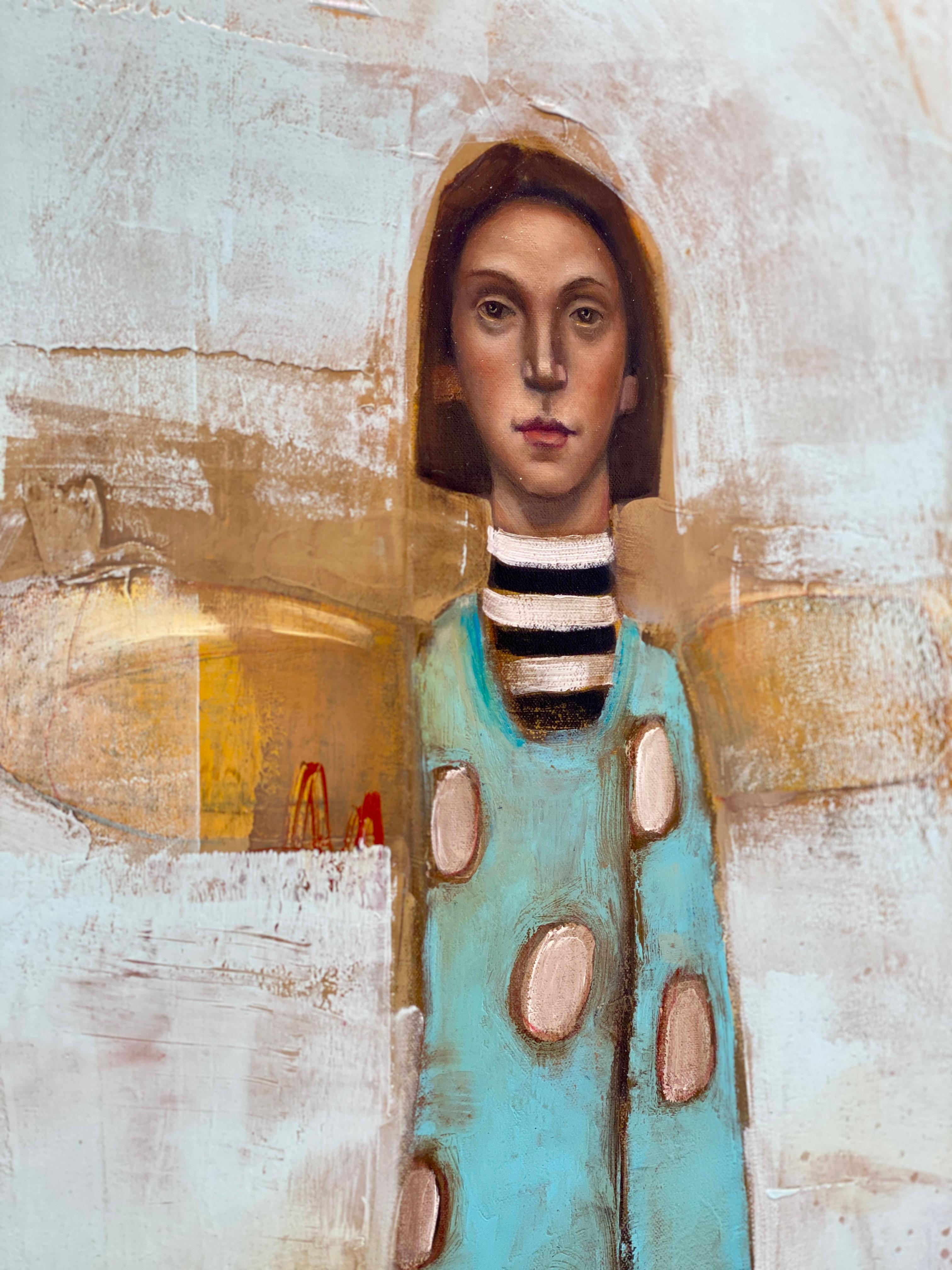 The Leanan Sidhe (LAN-an she) - Abstraktes surreales Mädchen mit blauem Himmel und Wolken im Angebot 2