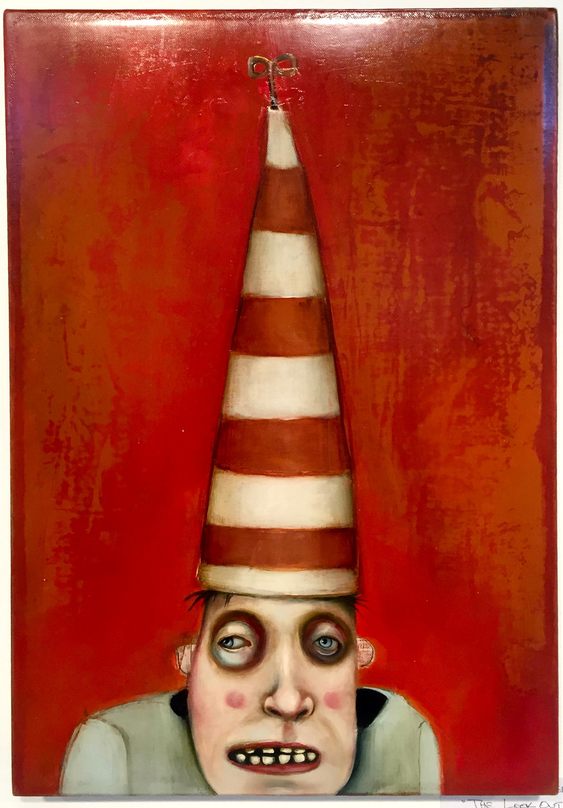 The Lookout by Mikesell, Oil on canvas, red pop figurative whimsical painting - Painting by Michele Mikesell