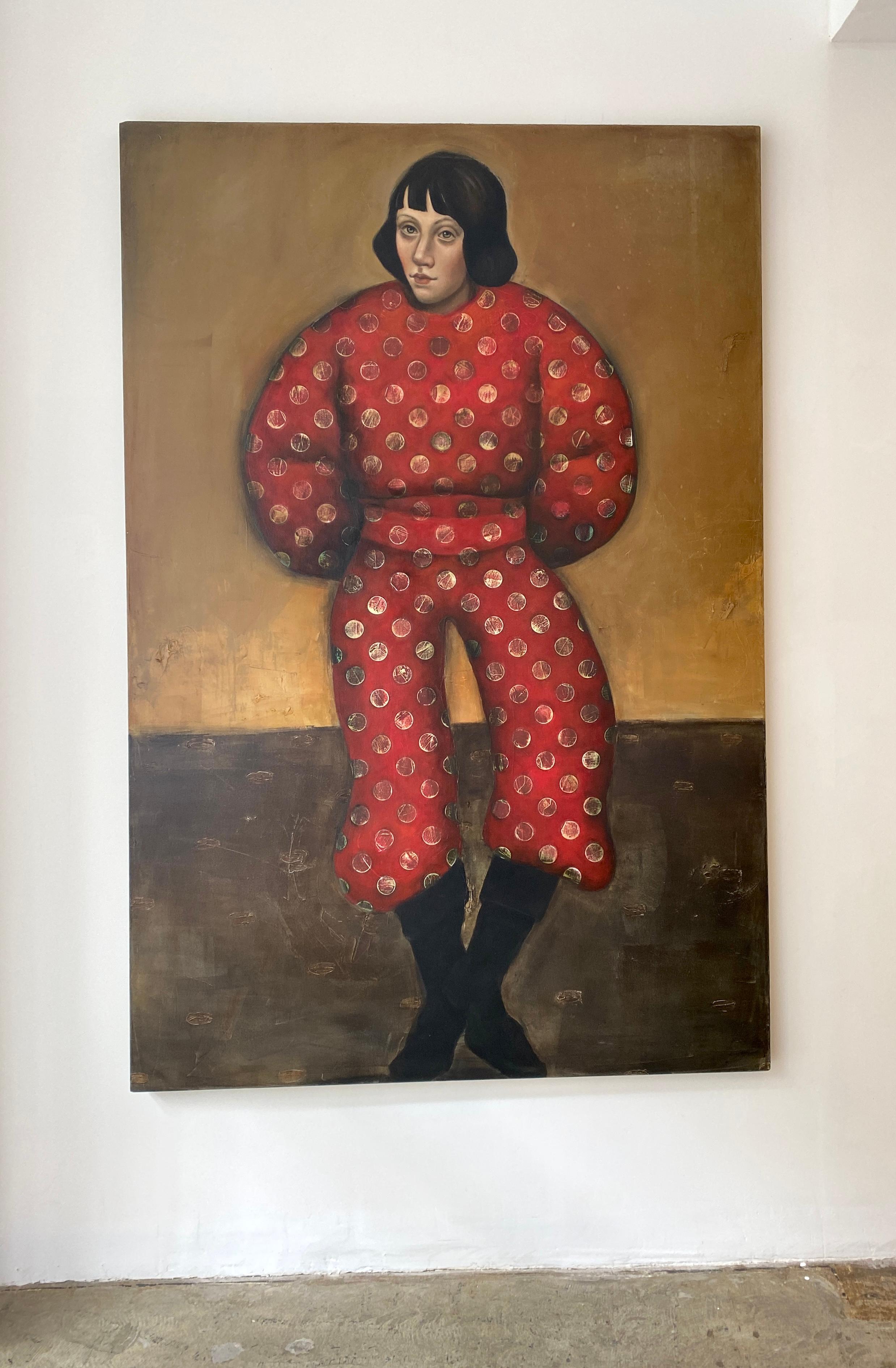 The Simurgh and the Crow, surreal figurative painting of woman in red and gold - Painting by Michele Mikesell