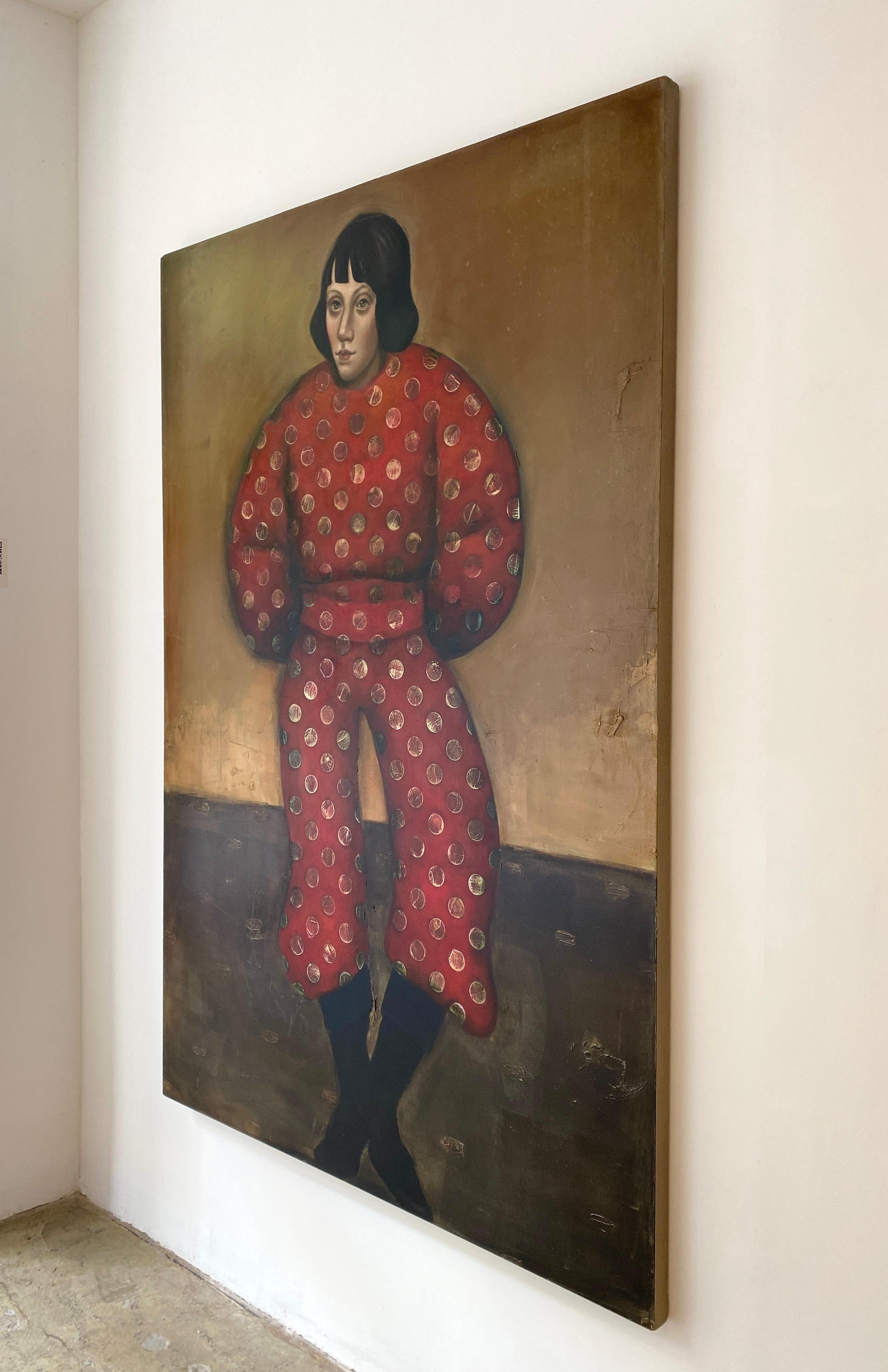 The Simurgh and the Crow, surreal figurative painting of woman in red and gold - Contemporary Painting by Michele Mikesell