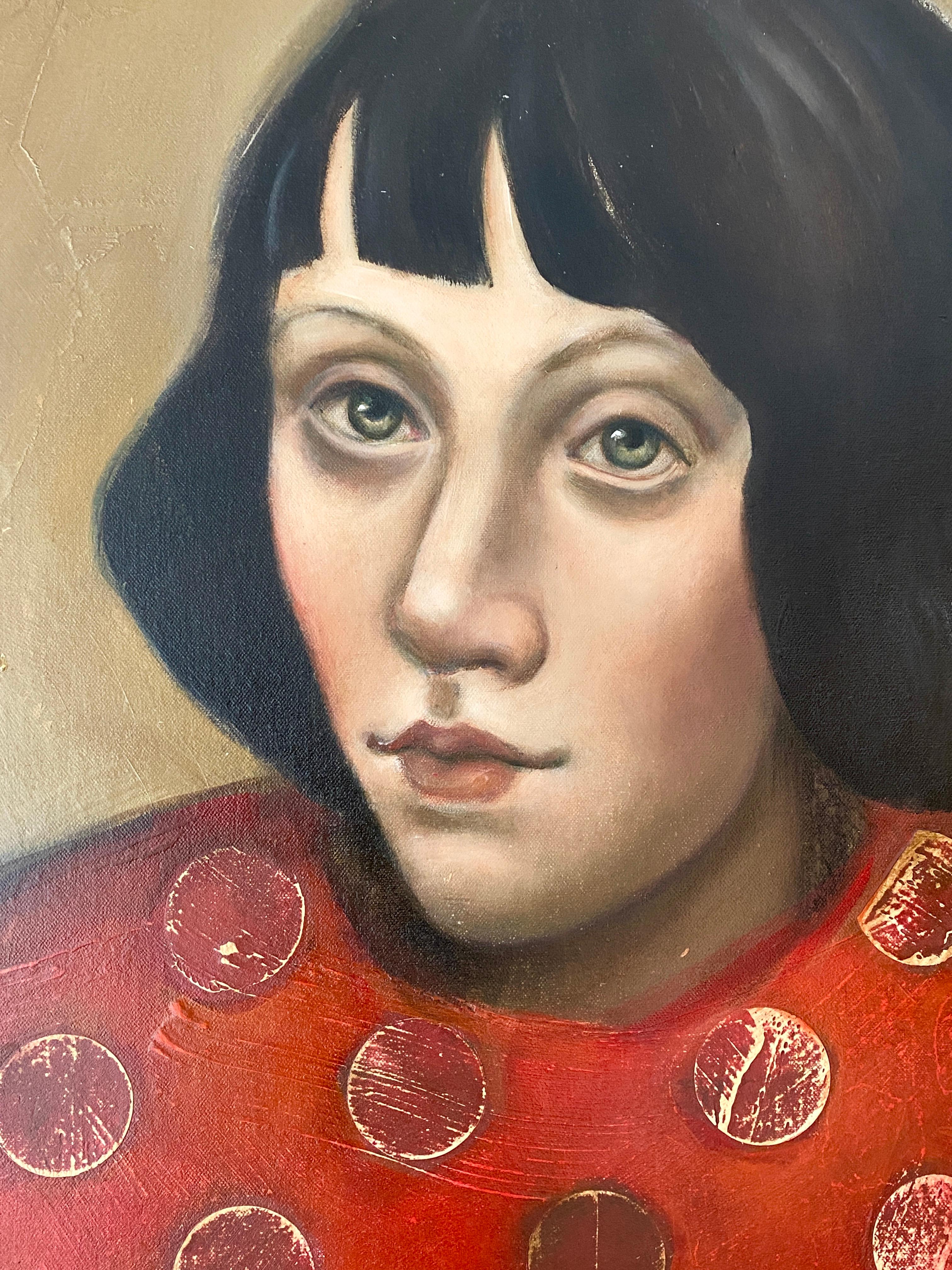 The Simurgh and the Crow, surreal figurative painting of woman in red and gold - Brown Figurative Painting by Michele Mikesell