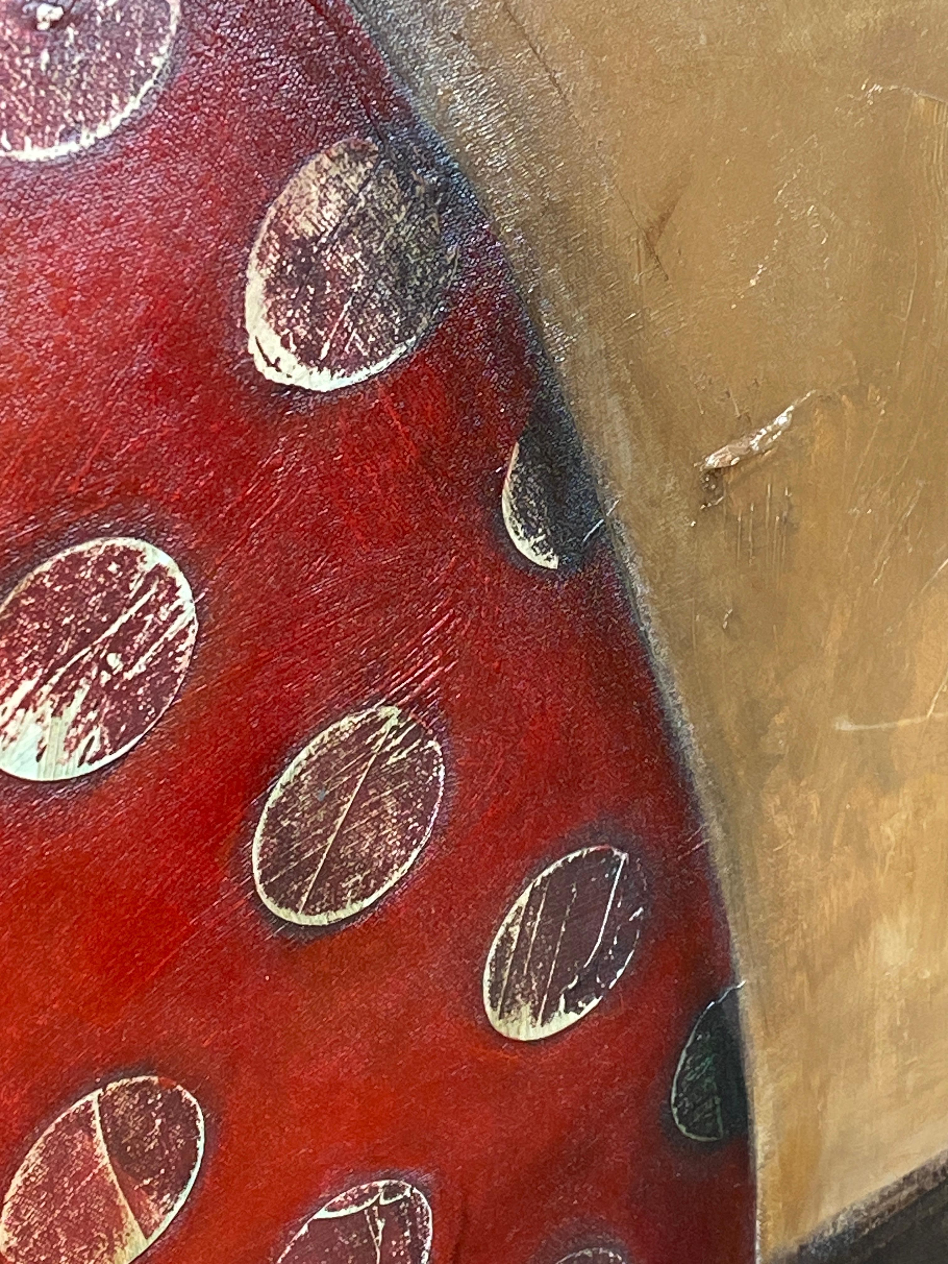 The Simurgh and the Crow, surreal figurative painting of woman in red and gold For Sale 1