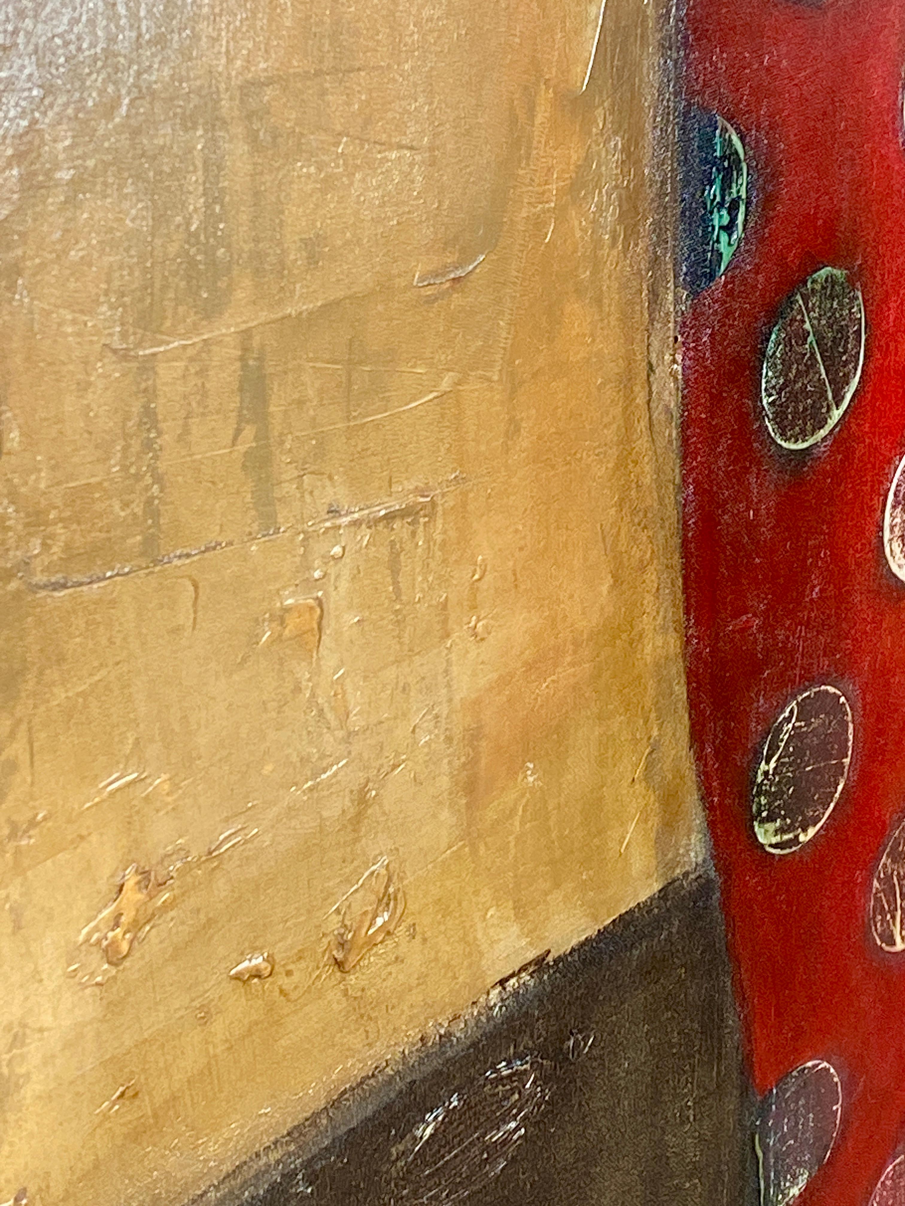 The Simurgh and the Crow, surreal figurative painting of woman in red and gold For Sale 2