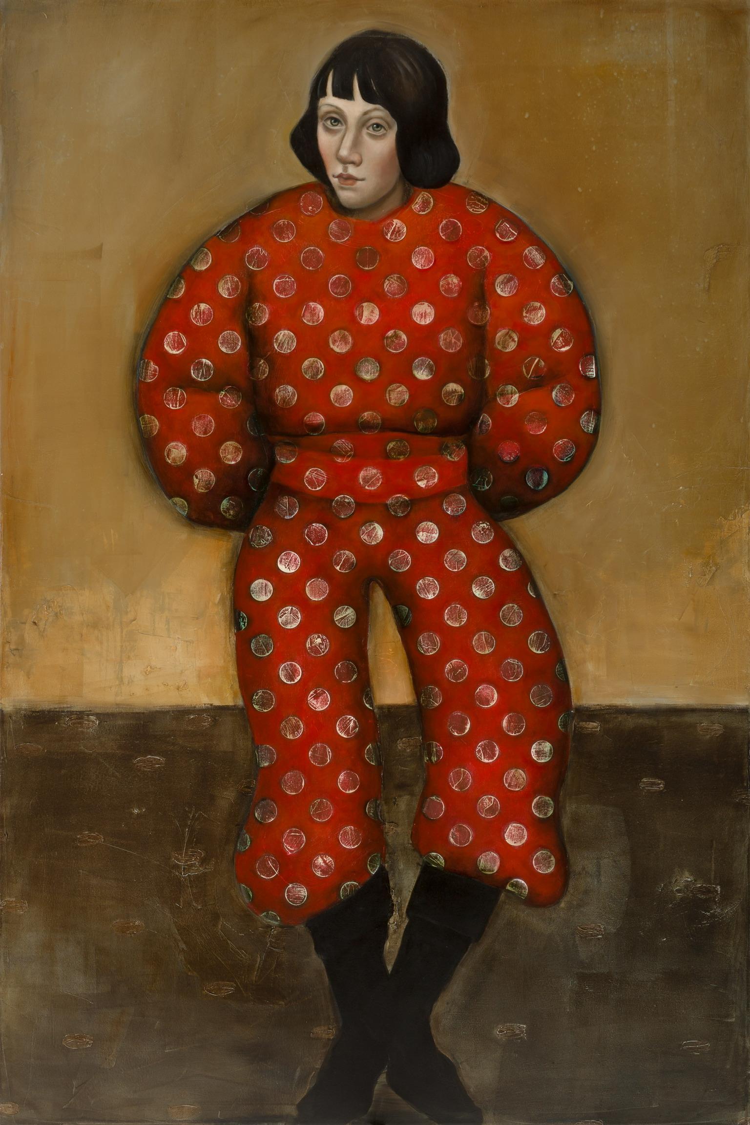Michele Mikesell Figurative Painting – Der Simurgh und die Krähe, surreale figurative abstrakte Malerei einer Frau in Rot