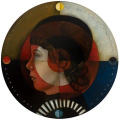 "The Stoic’s Shield", Oil on canvas, whimsical pop art portrait master, round