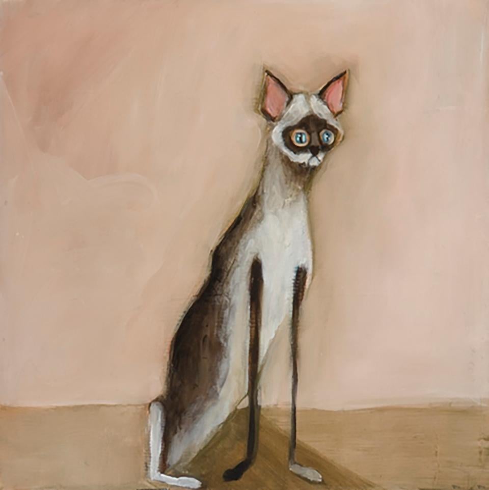 Michele Mikesell Animal Painting – Tripod - Verspielte langbeinige Katze Gemälde, Zeitgenössische Figurative Kunst