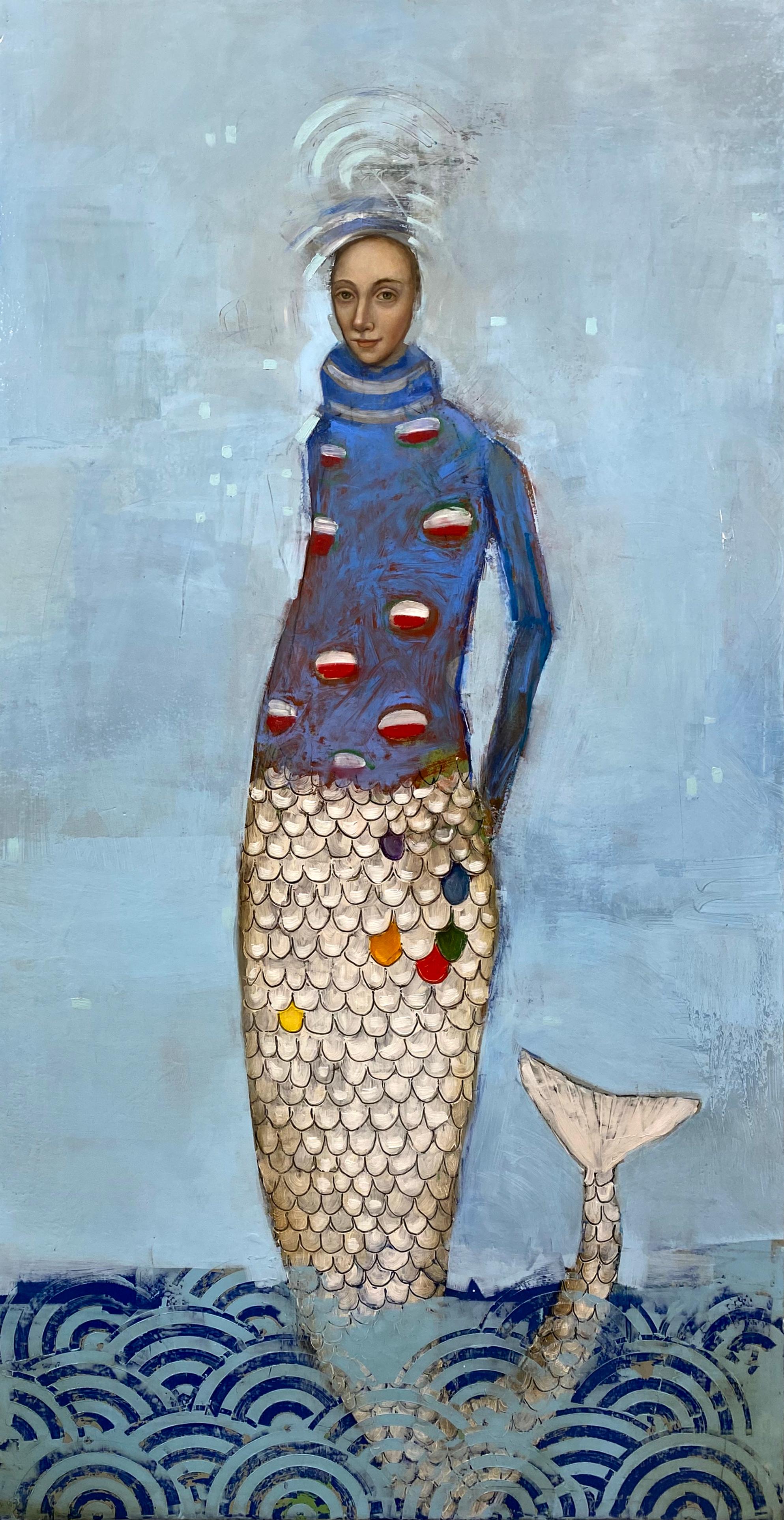 Yemaya Meerjungfrau, Öl auf Leinwand, figuratives Gemälde mit blauer Musterpalette im Angebot 1