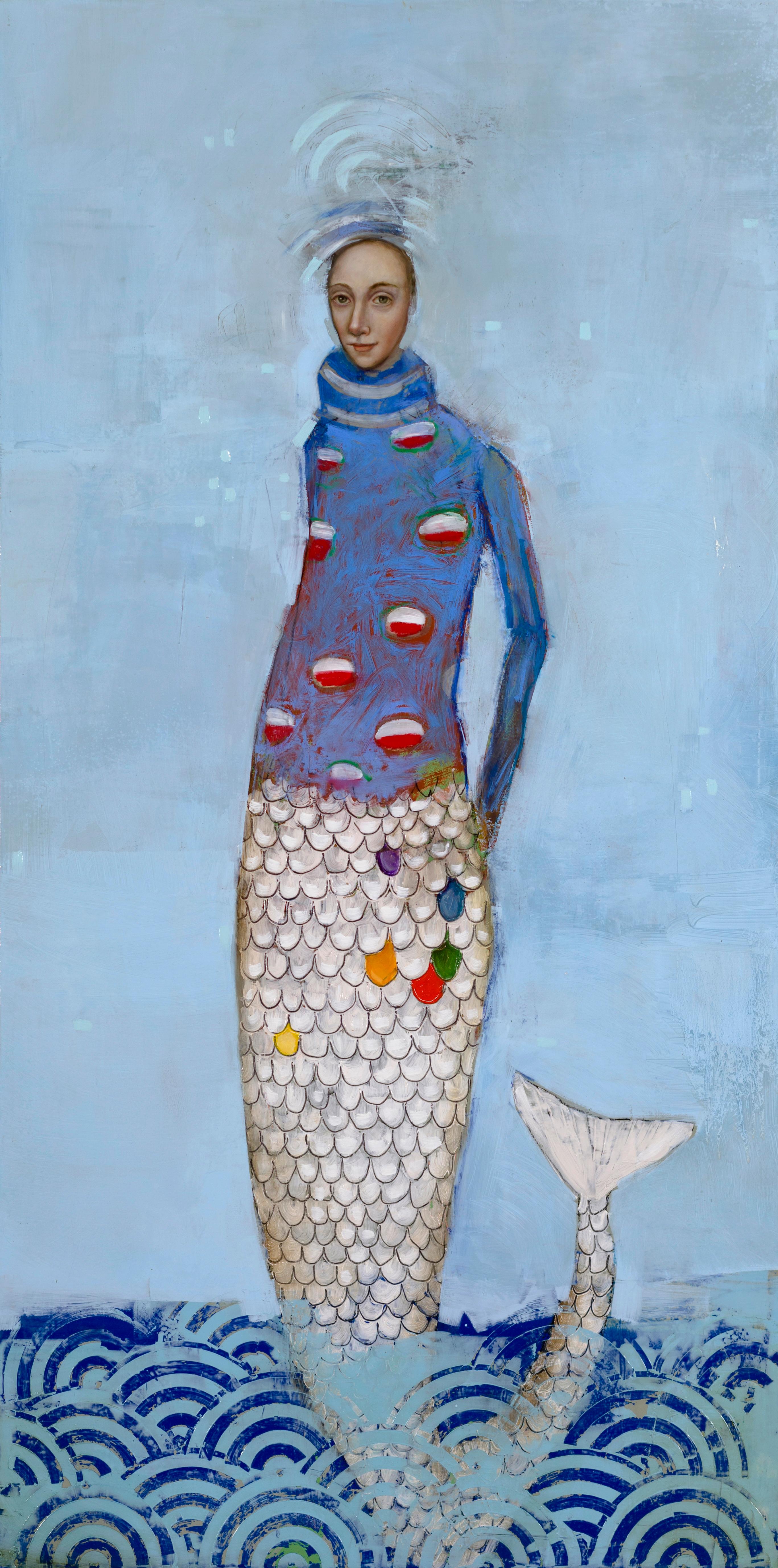 Figurative Painting Michele Mikesell - Yemaya Sea Mermaid, huile sur toile, peinture figurative avec palette de motifs bleus