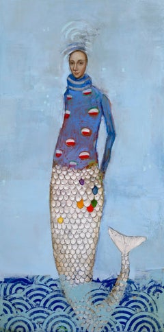 Yemaya Sea Mermaid, Oil on canvas, figurative painting with blue pattern palette