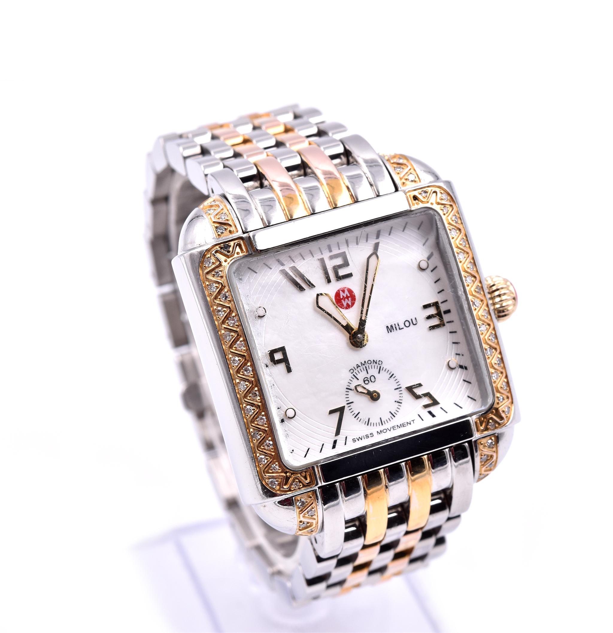 Movement: quarts
Function: hours, minutes, 
Case: 33mm 18k yellow gold, sapphire protective crystal, diamonds
Dial: mother of pearl with Arabic numerals, yellow luminescent hands
Band: stainless steel and gold-plated bracelet
Serial #: