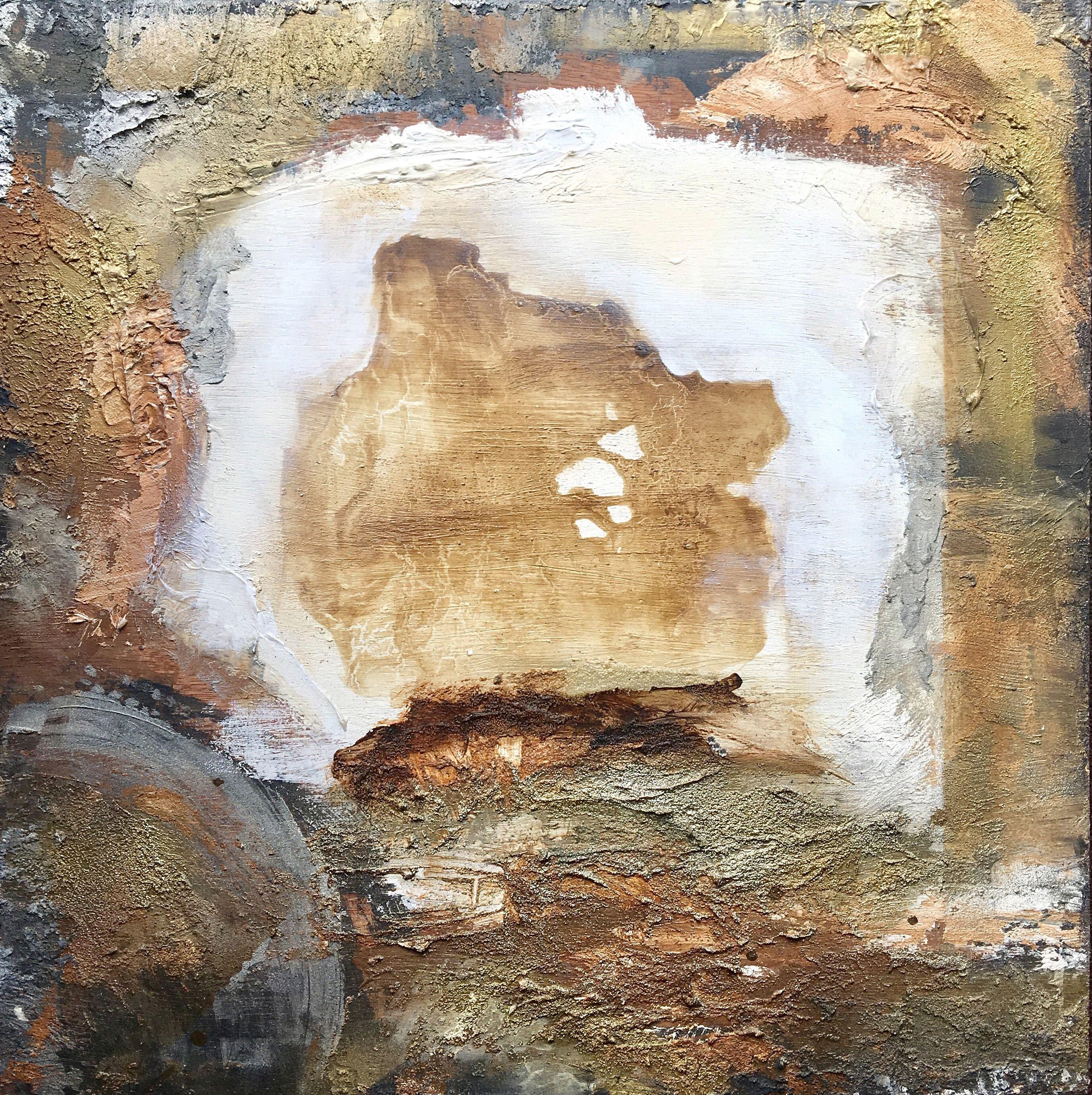 Series Poetic Statement: Portal of Peace. 24" x 24" Eco-Friendly Textured Oil, Acrylic, Metallic Rust,  Champagne, Brass, Gold and Bronze Statement Painting. Portal XI by Michele Morata is a One-of-a-Kind Contemporary Textured Metallic Artwork using