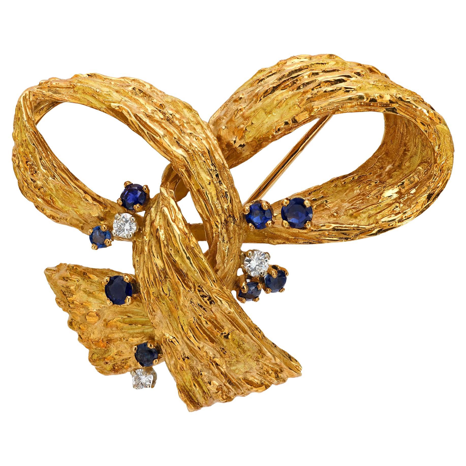 Michele Morgan sapphire diamond 18k yellow gold ribbon brooch