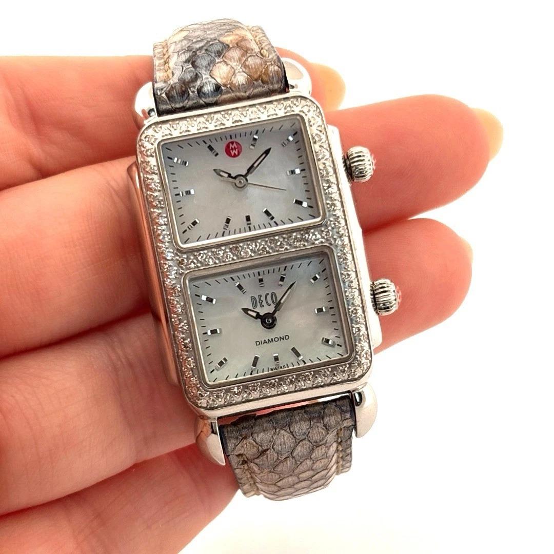Women's Michele MW06S01A1025 Dual Time Zone Stainless Steel MOP Deco .68ct Diamond Watch For Sale
