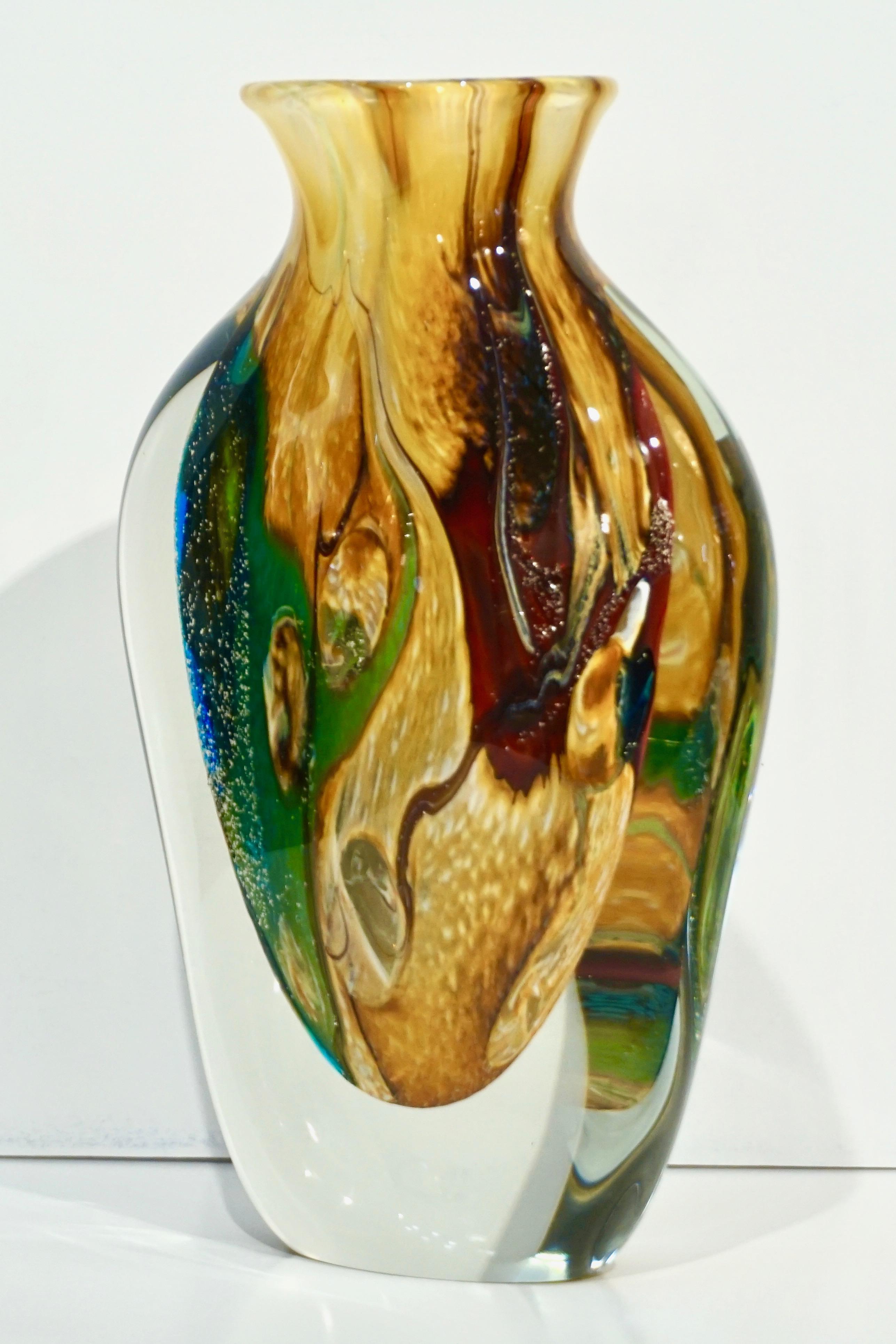 Art Glass Michele Onesto 1990s Green Yellow Blue Silver Overlaid Crystal Murano Glass Vase