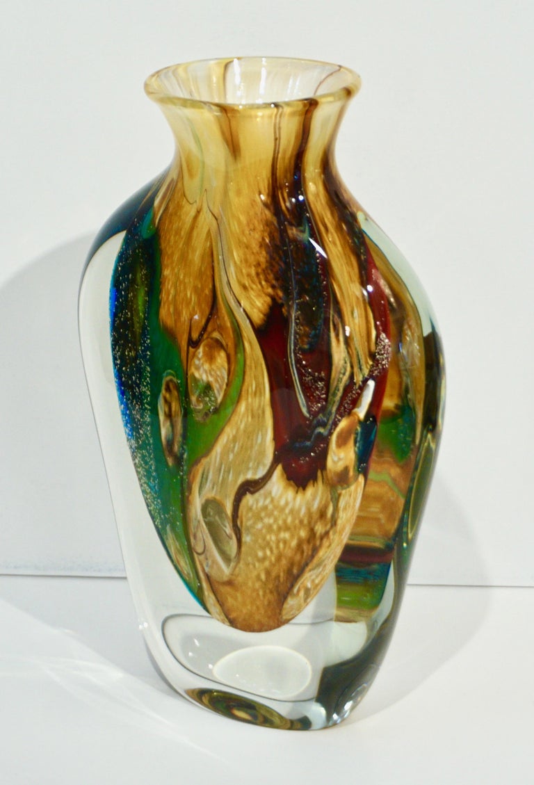 Michele Onesto 1990s Green Yellow Blue Silver Overlaid Crystal Murano Glass Vase For Sale 3