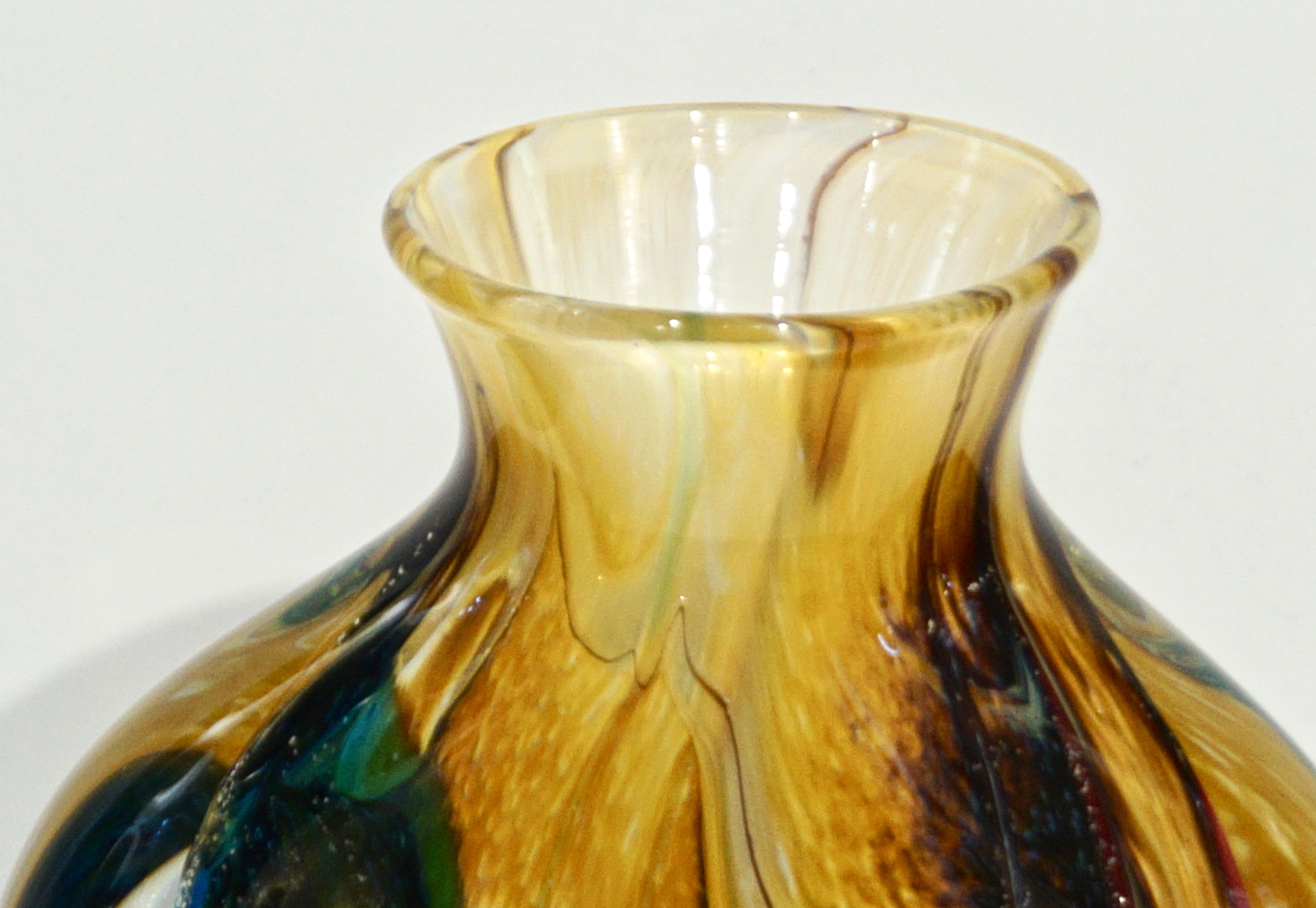 Michele Onesto 1990s Green Yellow Blue Silver Overlaid Crystal Murano Glass Vase 2