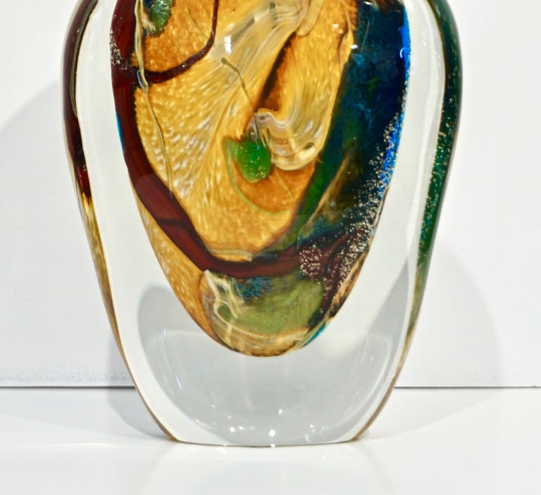 Michele Onesto 1990s Green Yellow Blue Silver Overlaid Crystal Murano Glass Vase For Sale 6
