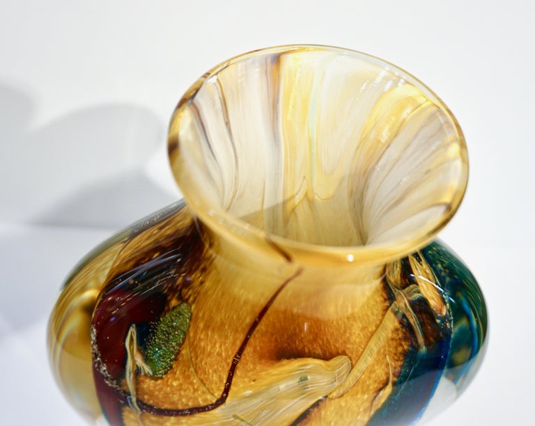 Italian Michele Onesto 1990s Green Yellow Blue Silver Overlaid Crystal Murano Glass Vase For Sale