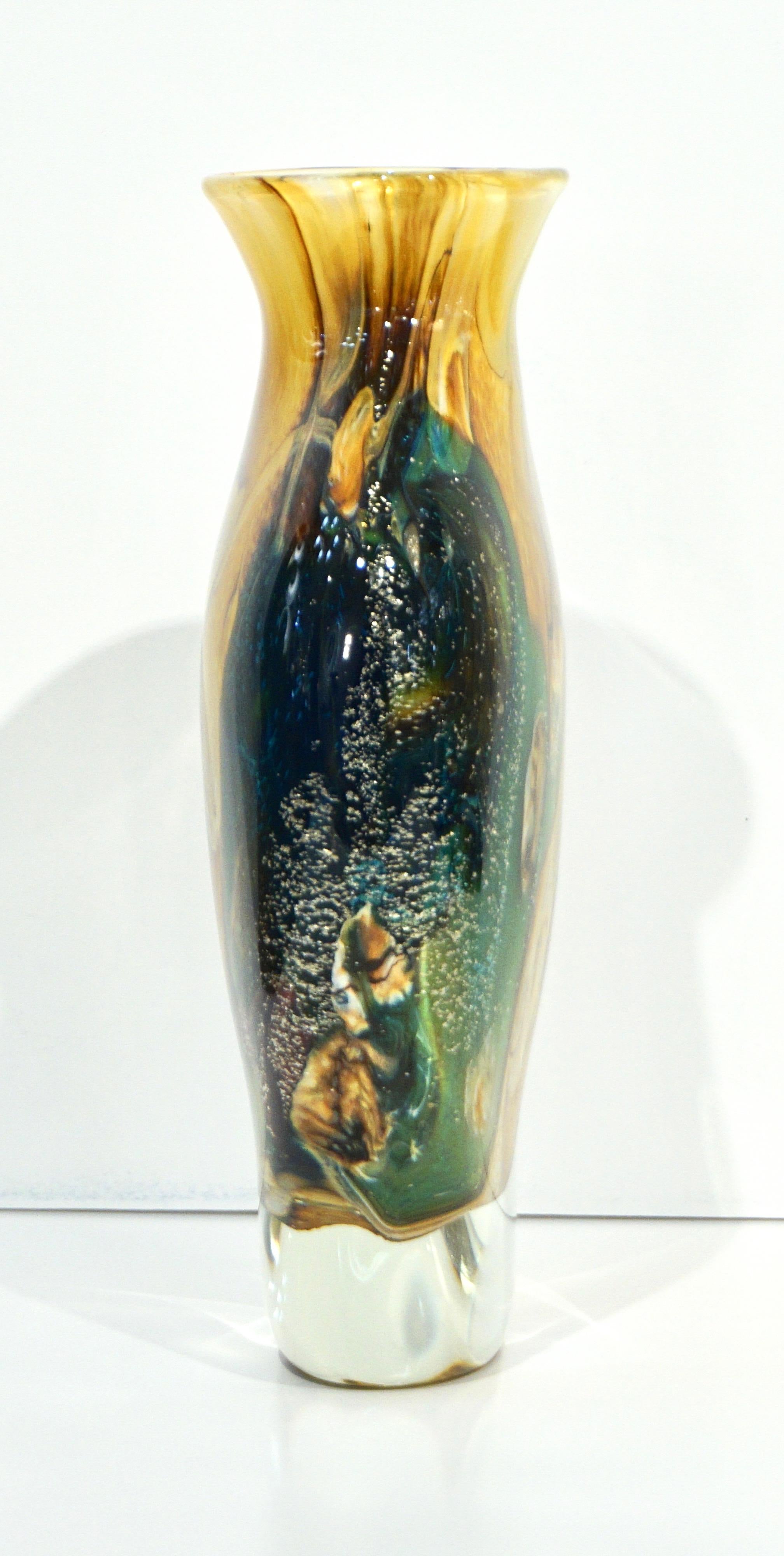 Italian Michele Onesto 1990s Green Yellow Blue Silver Overlaid Crystal Murano Glass Vase