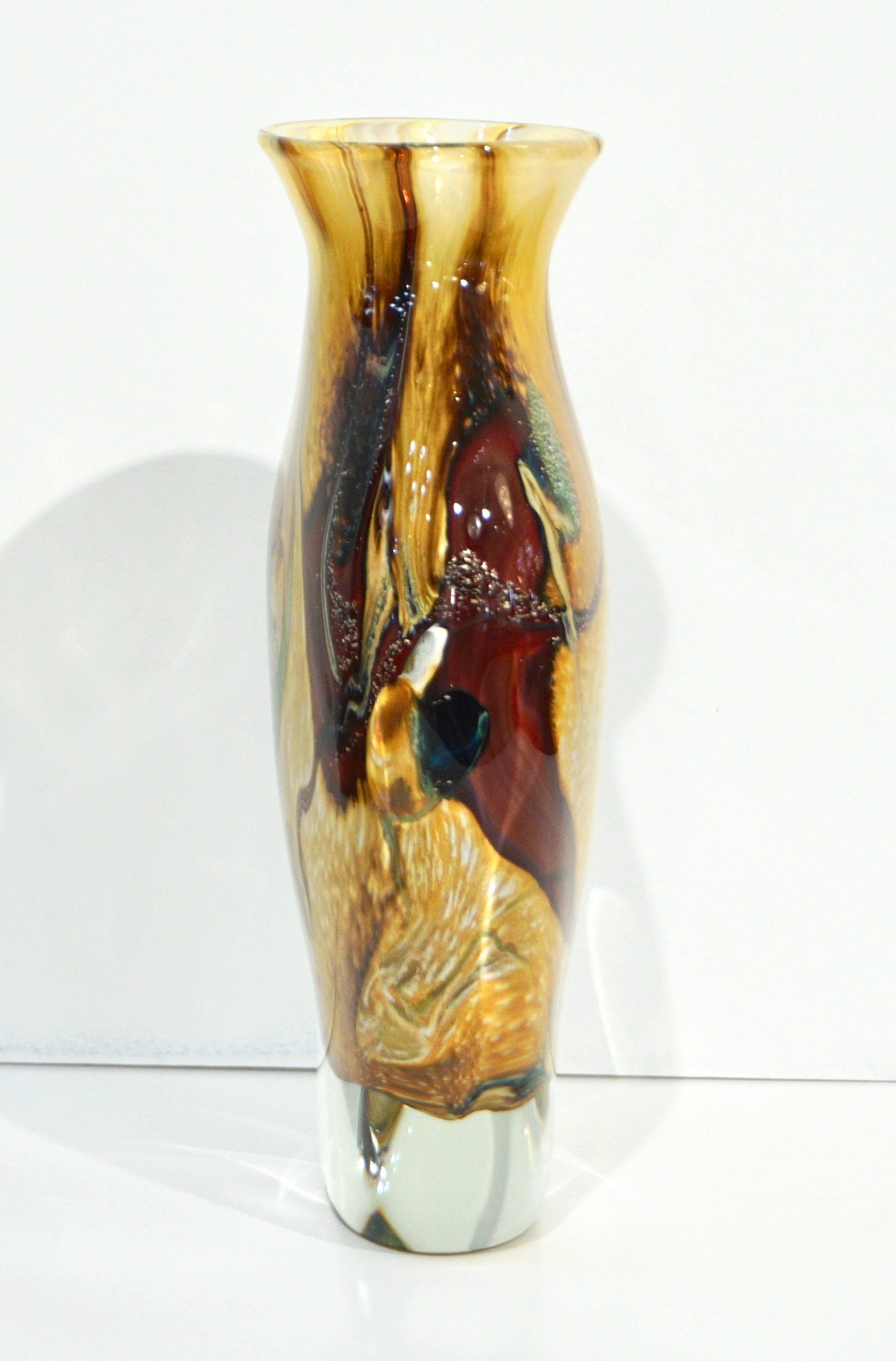 Hand-Crafted Michele Onesto 1990s Green Yellow Blue Silver Overlaid Crystal Murano Glass Vase