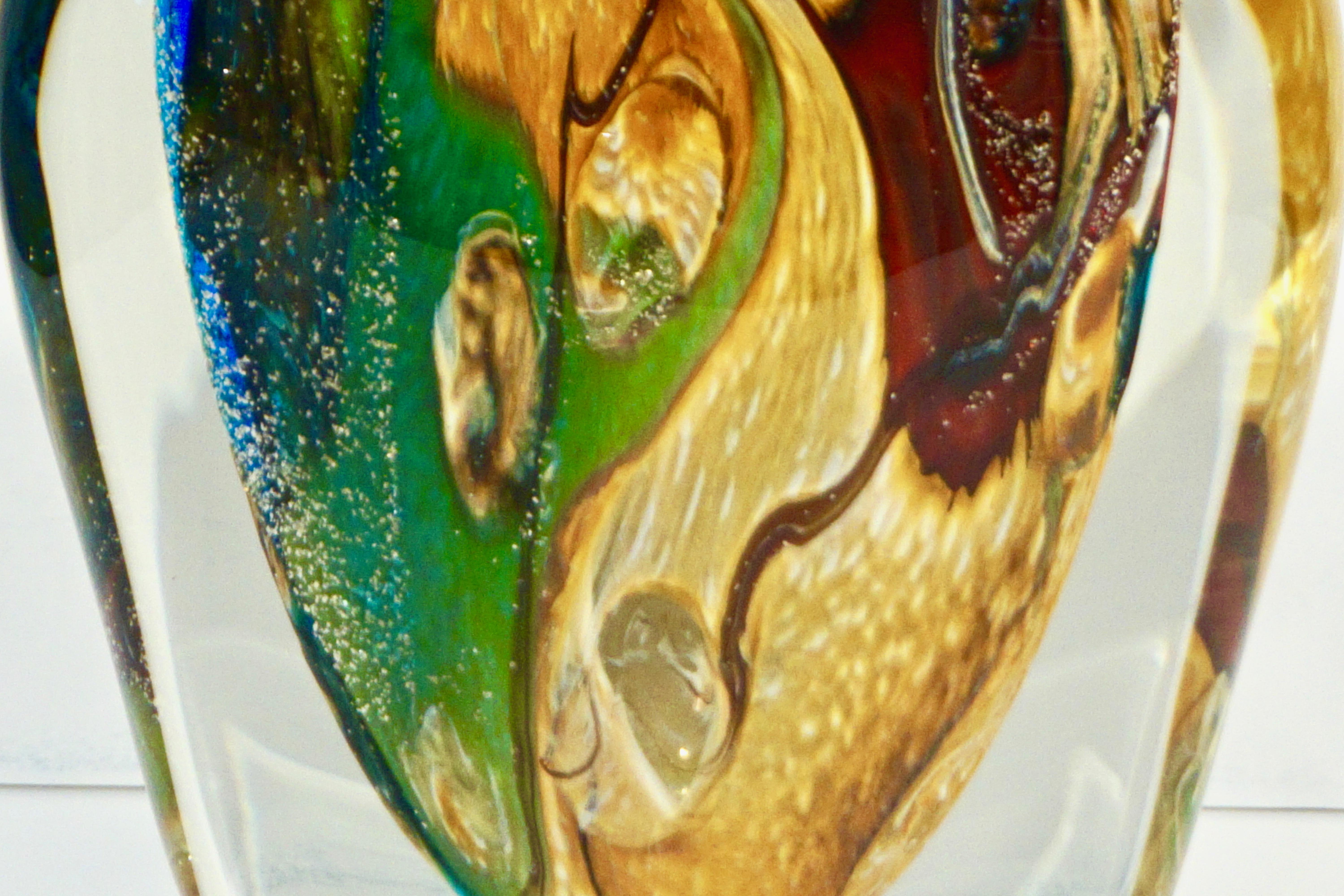 20th Century Michele Onesto 1990s Green Yellow Blue Silver Overlaid Crystal Murano Glass Vase