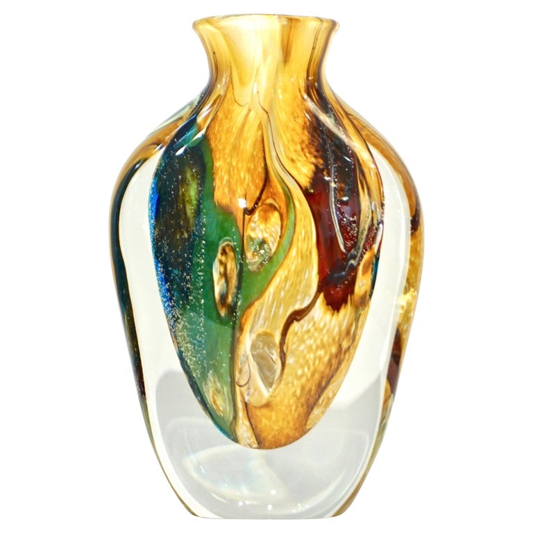 Michele Onesto 1990s Green Yellow Blue Silver Overlaid Crystal Murano Glass Vase For Sale