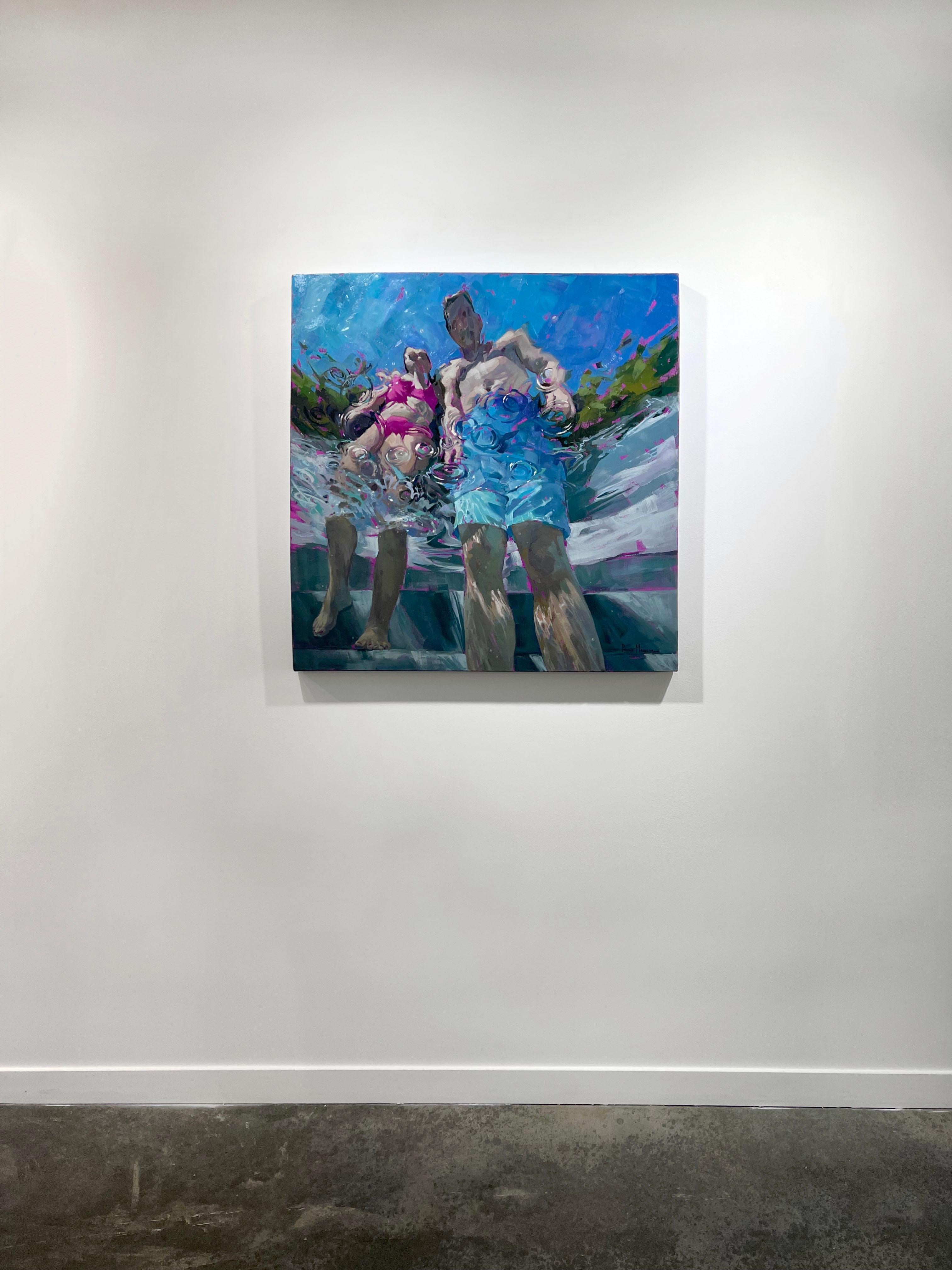 This abstract figural painting by Michele Poirier-Mozzone captures two children wearing brightly colored bathing suits, standing on pool steps from a viewpoint beneath the surface of the water. Sunlight is refracted in the water, abstracting the